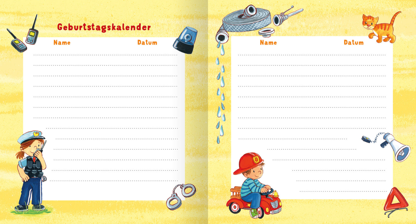 Gezeigt wird eine Innen- oder Zusatzansicht von „Meine Kindergarten-Freunde (Im Einsatz)“. Die Doppelseite zeigt einen Geburtstagskalender auf einem hellgelben Hintergrund. Oben steht „Geburtstagskalender“ in abwechslungsreicher, roter Schrift. Auf der linken Seite sind gezeichnete Figuren, darunter ein Polizist und ein Kind im Polizeiwagen, sowie verschiedene Spielzeuge. Auf der rechten Seite befinden sich weitere leere Felder für Namen und Daten, umrahmt von kindgerechten...