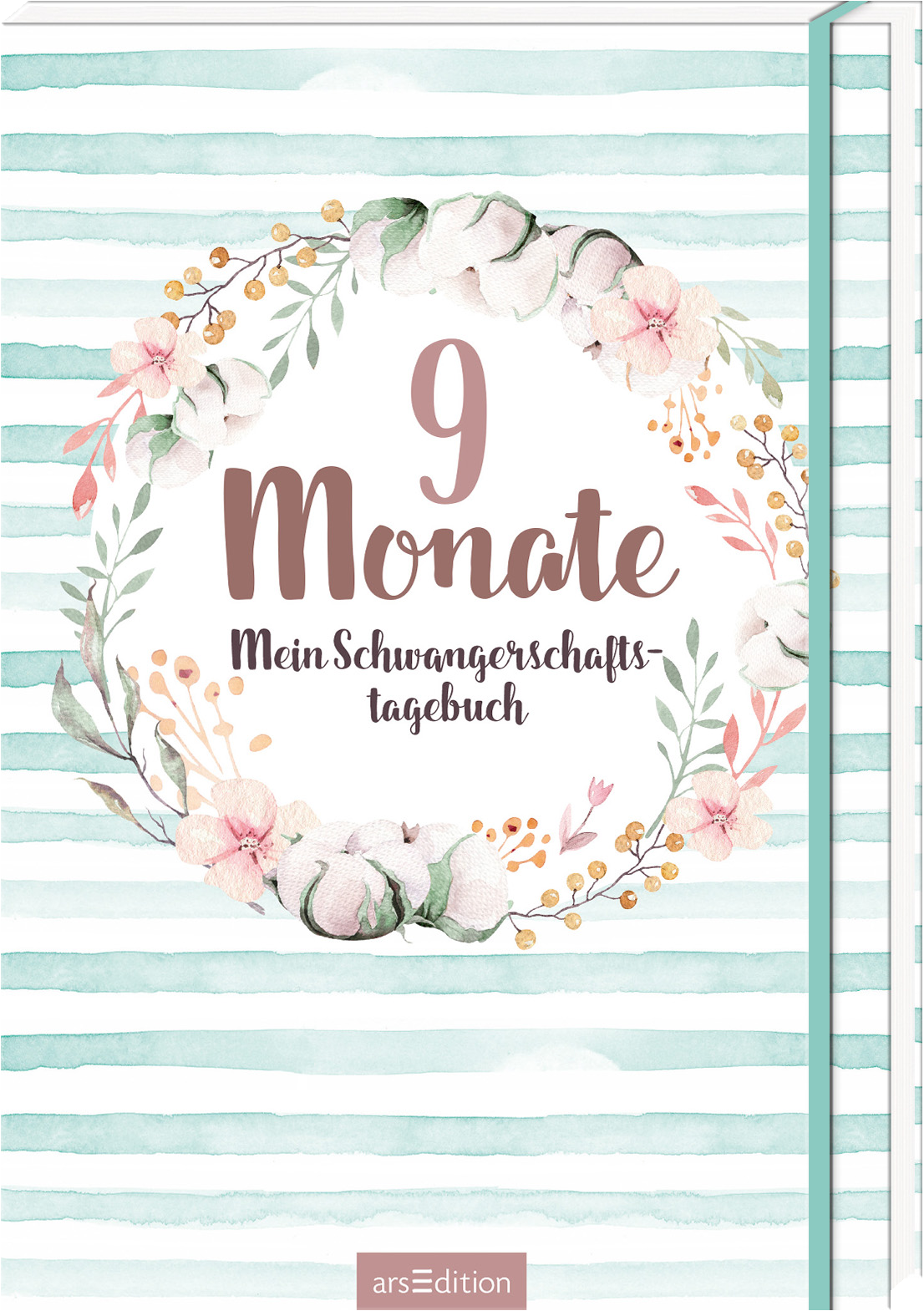 Das Buchcover zeigt einen sanften, mintgrünen Streifenhintergrund, der die Frische und Leichtigkeit des Themas widerspiegelt. In der Mitte ist eine florale Kranzillustration mit zarten Blumen und Blättern. Darin steht prominent der Titel „9 Monate“ in üppiger, brauner Schrift. Darunter folgt der Untertitel „Mein Schwangerschaftstagebuch“ in einer verspielten Schriftart. Oben links befindet sich ein SPIEGEL-Bestseller-Button mit dem Text „Bestseller“. Ganz unten mittig steht der...