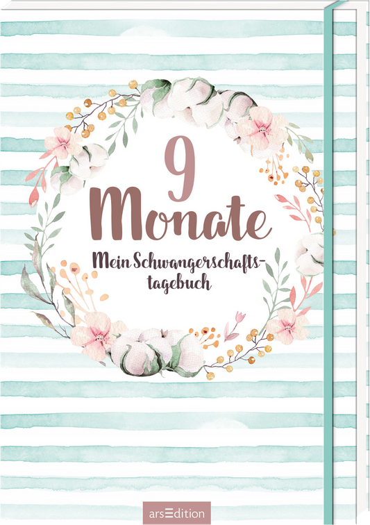 Das Buchcover zeigt einen sanften, mintgrünen Streifenhintergrund, der die Frische und Leichtigkeit des Themas widerspiegelt. In der Mitte ist eine florale Kranzillustration mit zarten Blumen und Blättern. Darin steht prominent der Titel „9 Monate“ in üppiger, brauner Schrift. Darunter folgt der Untertitel „Mein Schwangerschaftstagebuch“ in einer verspielten Schriftart. Oben links befindet sich ein SPIEGEL-Bestseller-Button mit dem Text „Bestseller“. Ganz unten mittig steht der...