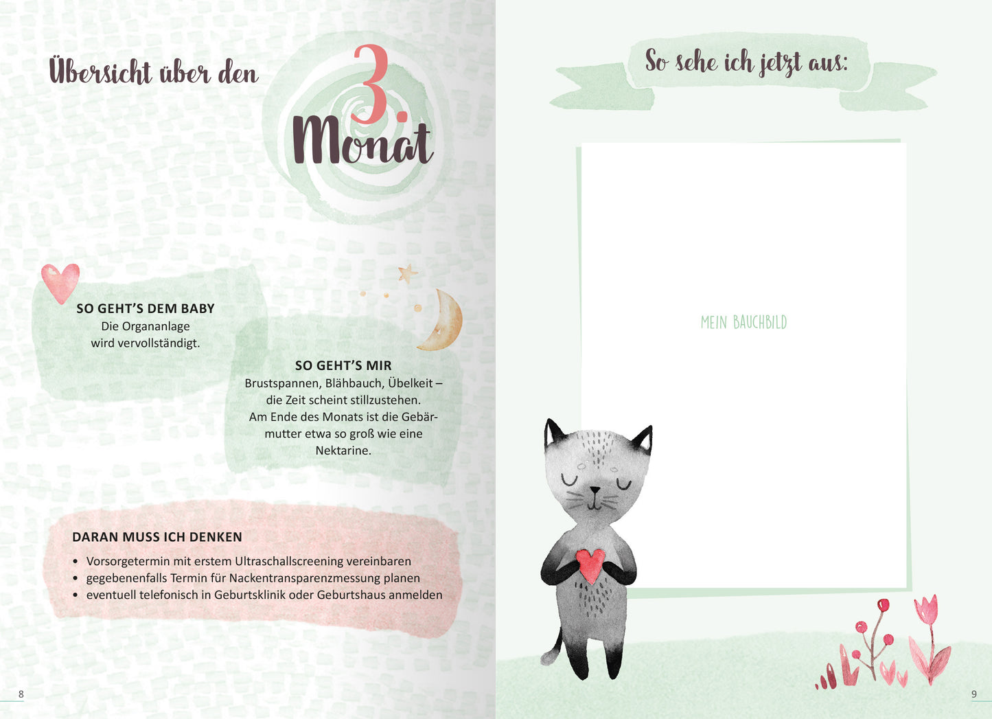 Gezeigt wird eine Innen- oder Zusatzansicht von „9 Monate“. Die linke Seite enthält einen Abschnitt mit dem Titel „Überblick über den 3. Monat“ in verspielter Schrift. Unterteilt in drei Punkte beschreibt der Text die Entwicklung des Babys und der Mutter, ergänzt durch sanfte Grafiken. Die rechte Seite bietet Platz für persönliche Notizen, umgeben von einer Illustration eines grauen Katers, der ein Herz hält, und zarten Blumenmotiven in Pastellfarben.
