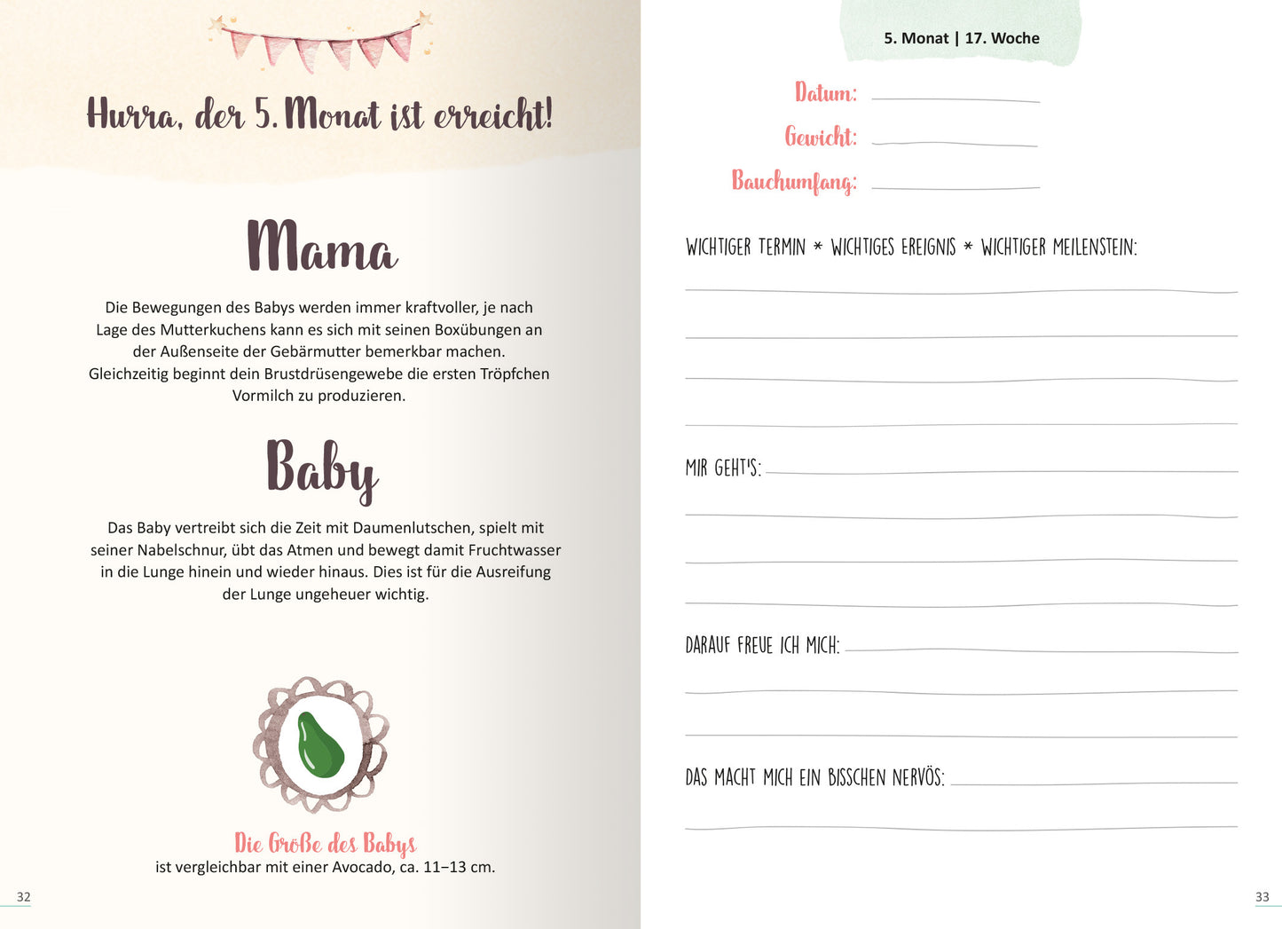 Gezeigt wird eine Innen- oder Zusatzansicht von „9 Monate“. Die Seite enthält freundliche, sanfte Farben in Pastelltönen und eine verspielte Schriftart für die Überschrift „Hurra, der 5. Monat ist erreicht!“. Die Abschnitte sind klar strukturiert, mit hervorgehobenen Titeln wie „Mama“ und „Baby“. Ein Illustration von einem Avocado begleitet die Informationen zur Größe des Babys. Wichtige Informationen sind in Kästchen zur Notiz vorgesehen, was die Lesbarkeit unterstützt.
