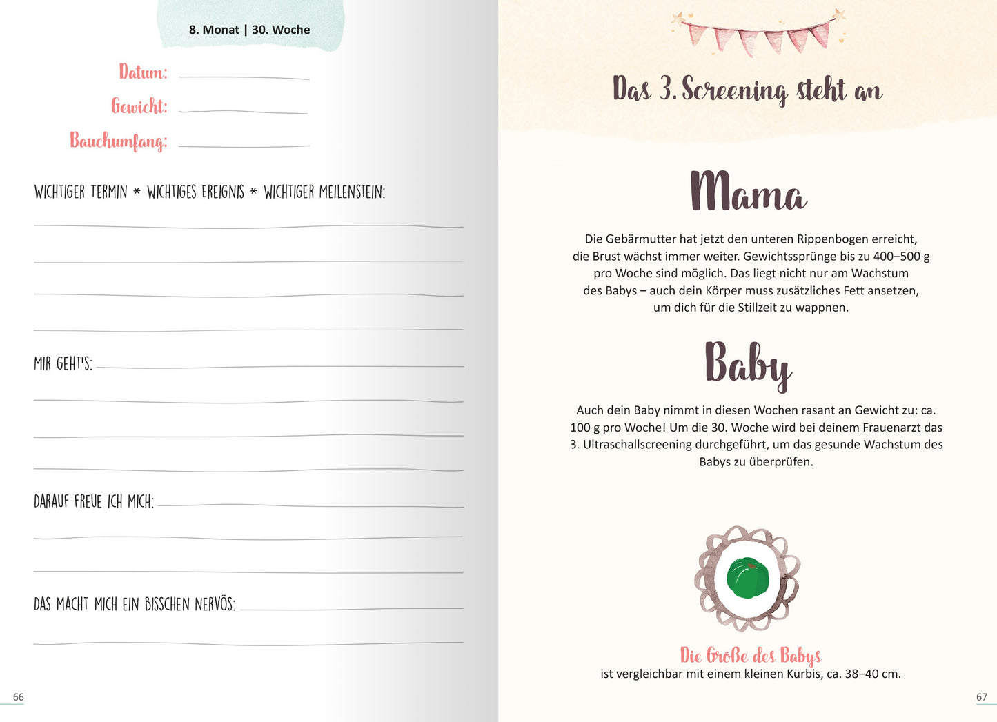 Gezeigt wird eine Innenansicht von „9 Monate“. Auf der linken Seite befindet sich ein leerer Abschnitt für persönliche Notizen, umrahmt von sanften Farben wie Hellblau und Rosa. Auf der rechten Seite wird ein Abschnitt mit Überschriften „Mama“ und „Baby“ in verspielter, abgerundeter Schrift dargestellt. Zu den Texten gehören wichtige Informationen zur Schwangerschaft, wobei die zentrale Farbe ein warmes Beige ist. Illustrative Elemente, wie Flaggen und ein grüner Kreis,...