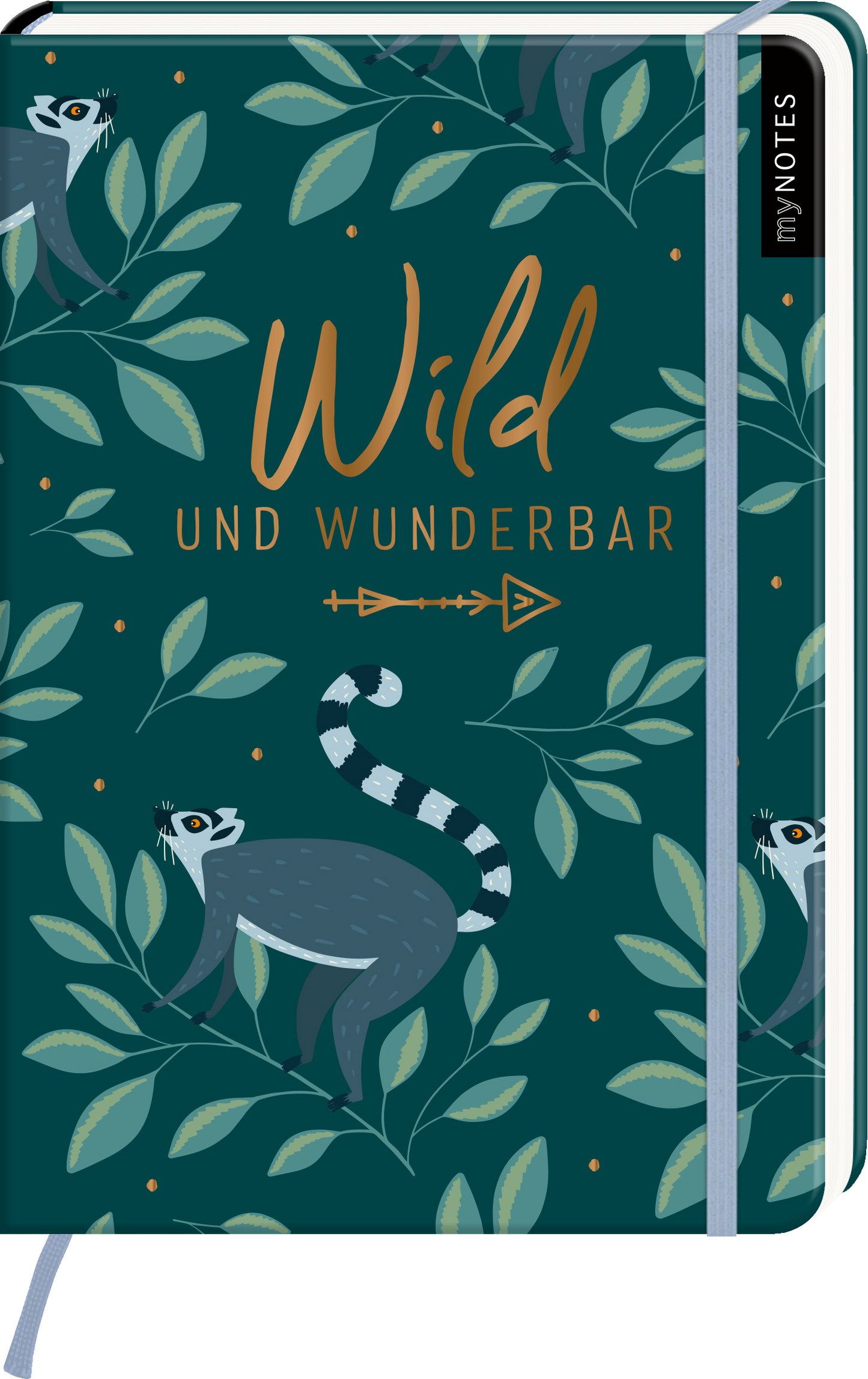 Auf dem Buchcover ist ein tiefgrüner Hintergrund zu sehen, der mit stilisierten Pflanzenmotiven in unterschiedlichen Grüntönen bedeckt ist. Mittig prangt der Titel „Wild und wunderbar“ in goldener, verspielter Schrift. Um den Titel herum sind schematische Darstellungen von Tiermotiven, die eine lebendige und freundliche Atmosphäre erzeugen. Oben links befindet sich ein schmaler schwarzer Streifen mit dem Schriftzug „myNOTES“. Ganz unten mittig steht der Logoschriftzug von arsEdition.