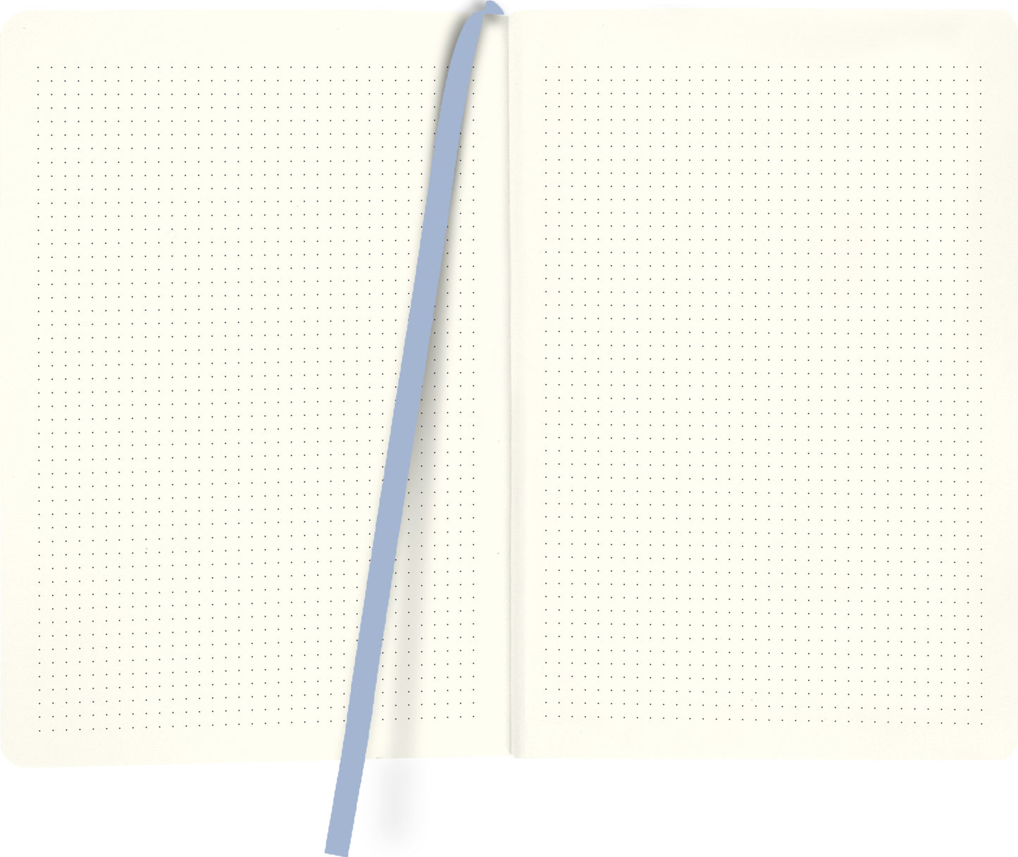 Gezeigt wird eine Innen- oder Zusatzansicht von „myNOTES Notizbuch A5: Wild und wunderbar“. Das Notizbuch zeigt zwei offene Seiten mit einem sanften, cremefarbenen Hintergrund und zahlreichen feinen, hellgrauen Punkten, die als Hilfslinien dienen. Eine blasse, himmelblaue Seitenmarkierung verläuft vertikal entlang der linken Innenseite. Die Seiten sind unbeschrieben und bieten großzügigen Platz für kreative Gedanken und Notizen.