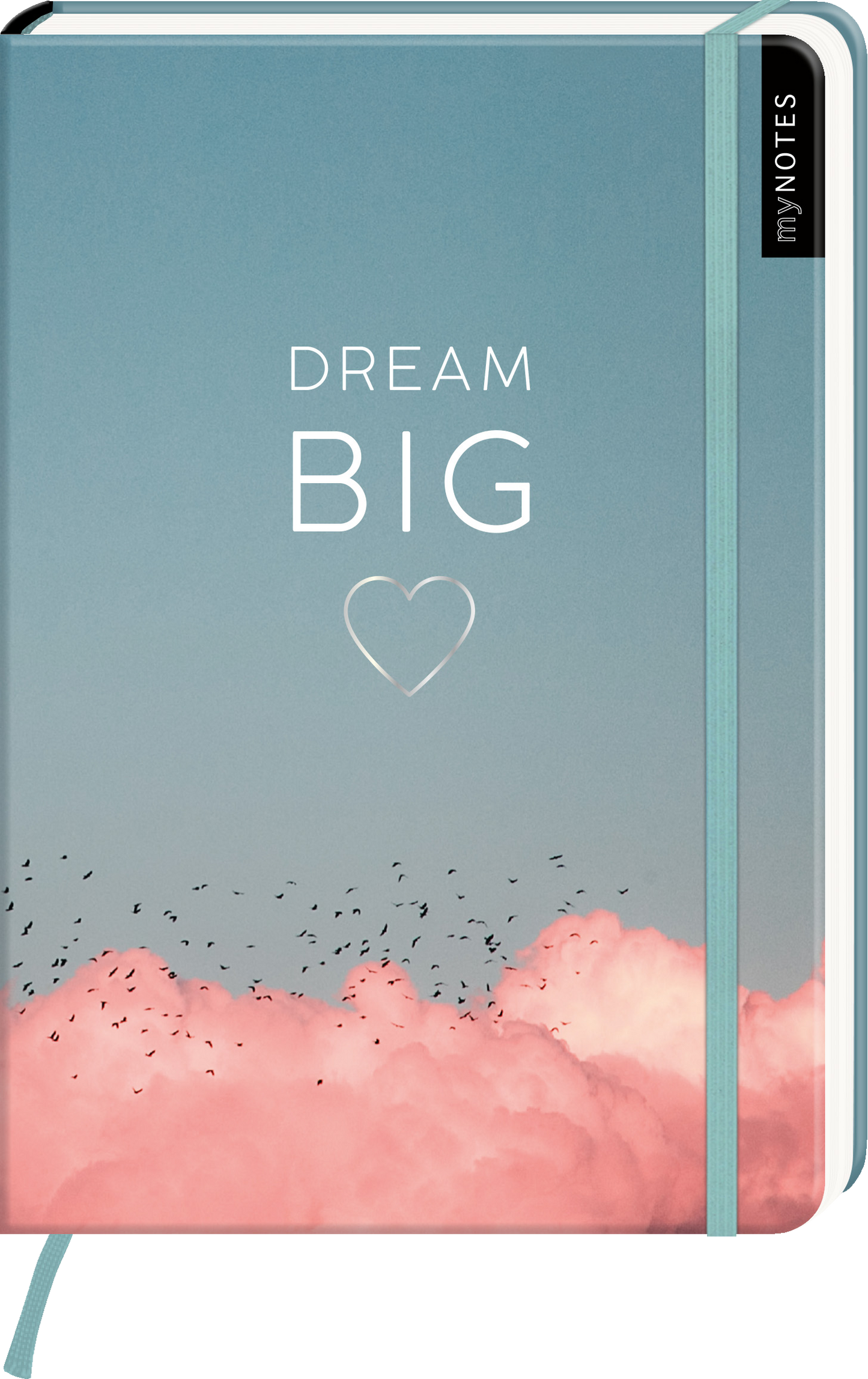 Das Buchcover zeigt einen sanften Farbverlauf mit einem Himmel in hellen Blau- und Rosatönen. Unten sind wolkenartige, pinkfarbene Formen angedeutet, über denen eine Gruppe kleiner Vögel fliegt. In der Mitte steht in großer, weißer Schrift das Wort „DREAM“ über „BIG“, ergänzt durch ein kleines Herzsymbol. Die Schriftarten wirken modern und einladend. Ganz oben rechts befindet sich der Schriftzug „myNOTES“. Ganz unten mittig steht der Logoschriftzug von arsEdition.