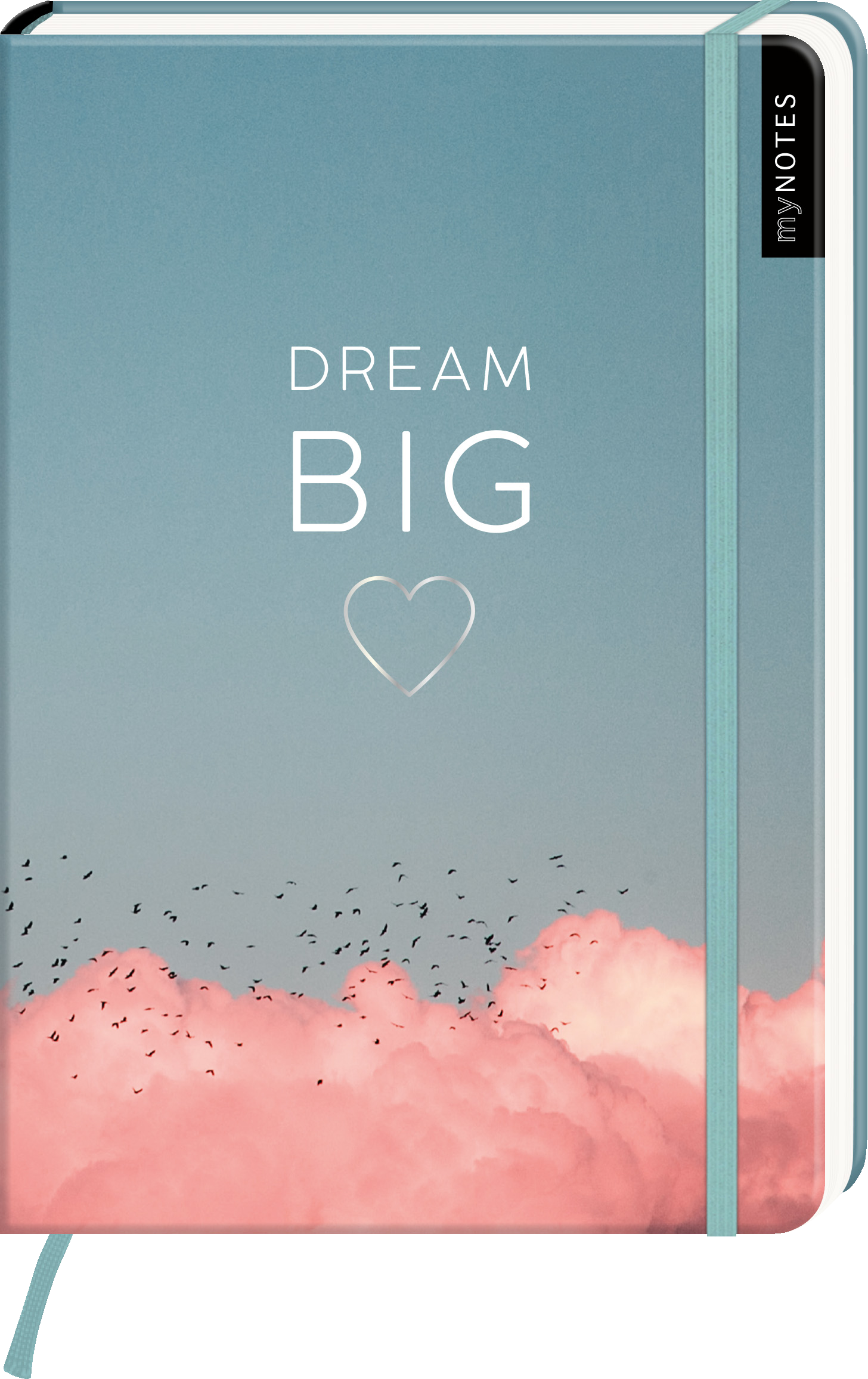 Das Buchcover zeigt einen sanften Farbverlauf mit einem Himmel in hellen Blau- und Rosatönen. Unten sind wolkenartige, pinkfarbene Formen angedeutet, über denen eine Gruppe kleiner Vögel fliegt. In der Mitte steht in großer, weißer Schrift das Wort „DREAM“ über „BIG“, ergänzt durch ein kleines Herzsymbol. Die Schriftarten wirken modern und einladend. Ganz oben rechts befindet sich der Schriftzug „myNOTES“. Ganz unten mittig steht der Logoschriftzug von arsEdition.