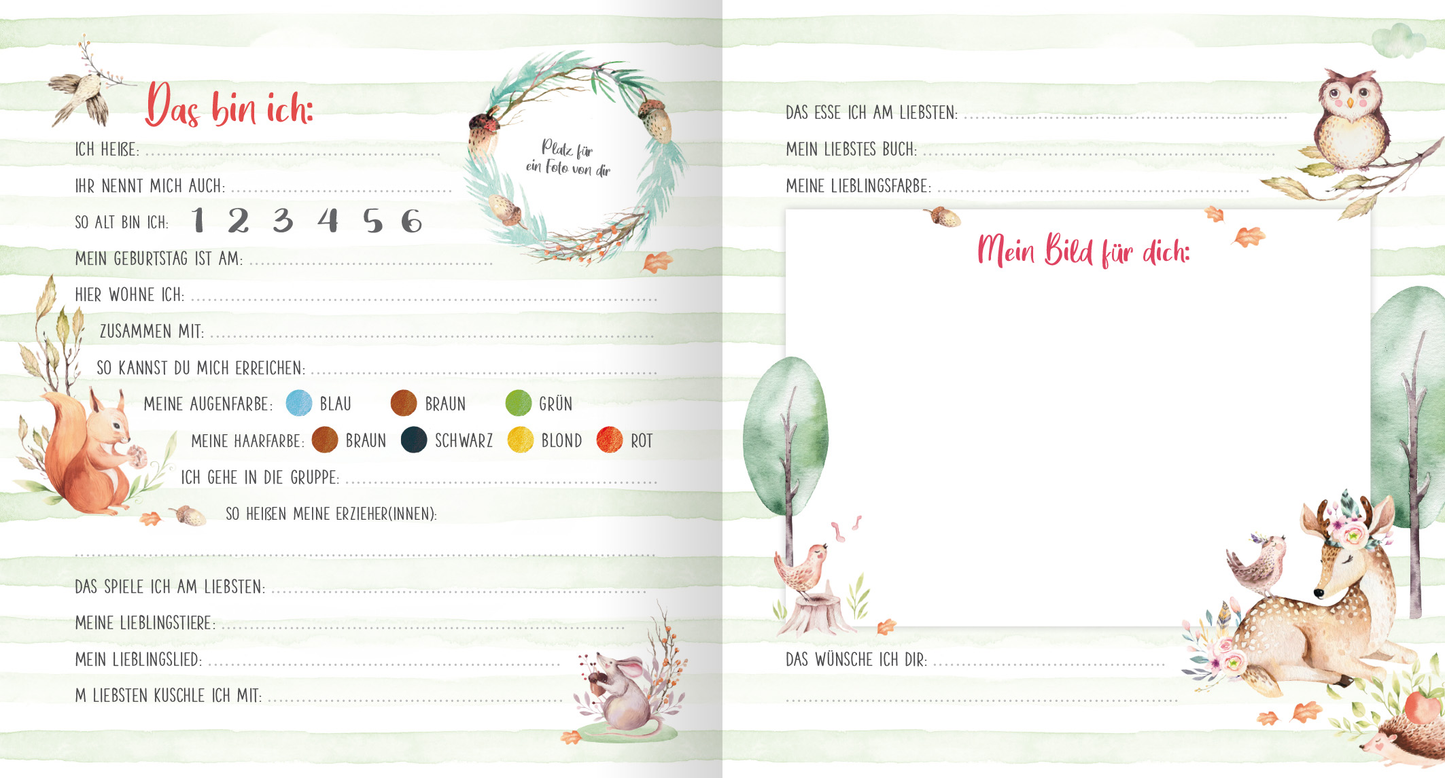 Gezeigt wird eine Innen- oder Zusatzansicht von „Meine ersten Freunde (Aquarell-Optik)“. Die Doppelseite präsentiert sanfte, pastellfarbene Hintergründe mit horizontalen grünen Streifen. Links stehen Fragen zur eigenen Person, umrahmt von liebevollen, aquarellierten Illustrationen von Tieren und Pflanzen. Die Schrift ist freundlich und klar, wobei die Überschrift „Das bin ich:“ in einer verspielten, roten Typografie hervorsticht. Rechts ist ein leerer Bereich mit der Überschrift...