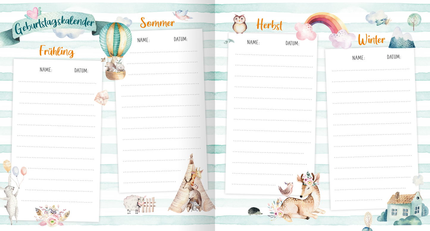 Gezeigt wird eine Innen- oder Zusatzansicht von „Meine ersten Freunde (Aquarell-Optik)“. Die Seite präsentiert einen Geburtstagskalender, unterteilt in vier Jahreszeiten: Frühling, Sommer, Herbst und Winter. Jede Sektion ist mit eleganten, handschriftlichen Überschriften in orange und erfrischenden Aquarell-Illustrationen von Tieren und Naturmotiven verziert. Der Hintergrund ist in sanften, hellblauen Streifen gehalten, während die gleichen, sanften Farbtöne die gesamte Seite...