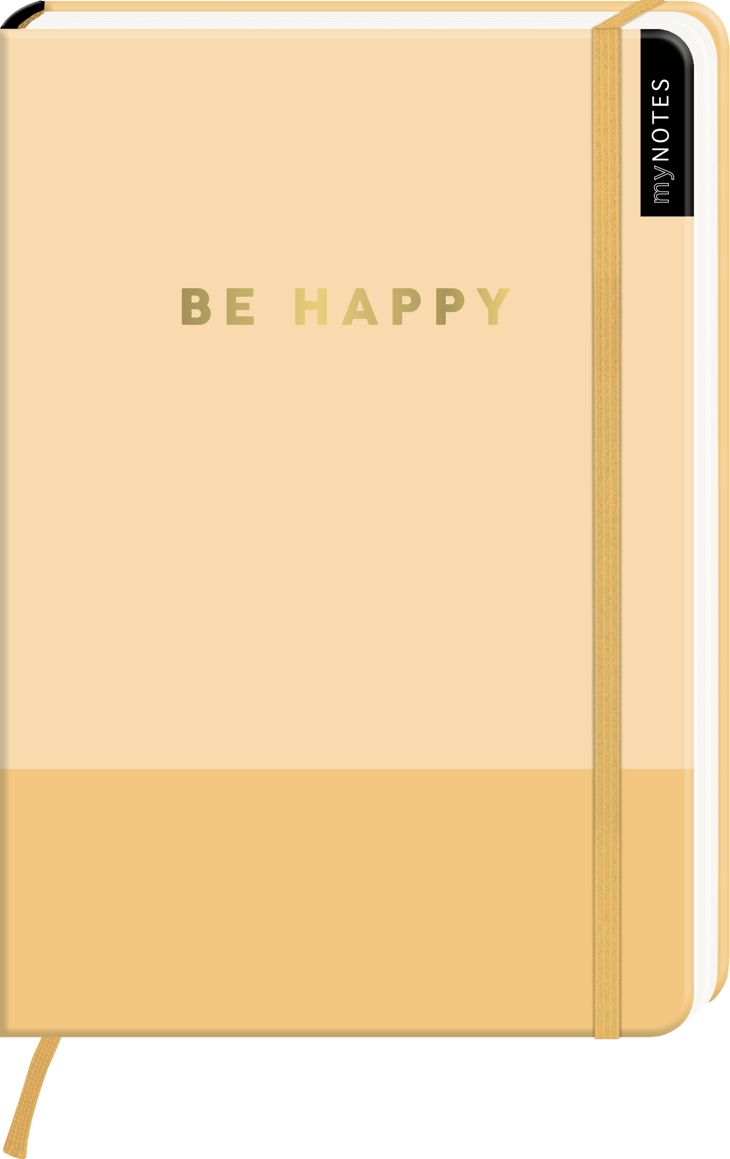 Das Buchcover zeigt einen warmen, hellgelben Hintergrund mit dem Schriftzug „BE HAPPY“ in goldener Schrift, der in klarer, moderner Typografie zentriert platziert ist. Der untere Teil des Covers ist in einem etwas dunkleren Gelbton abgesetzt, was einen harmonischen Kontrast schafft. Am linken Rand befindet sich ein schwarzes Etikett mit der Aufschrift „myNOTES“. Ganz unten mittig steht der Logoschriftzug von arsEdition.