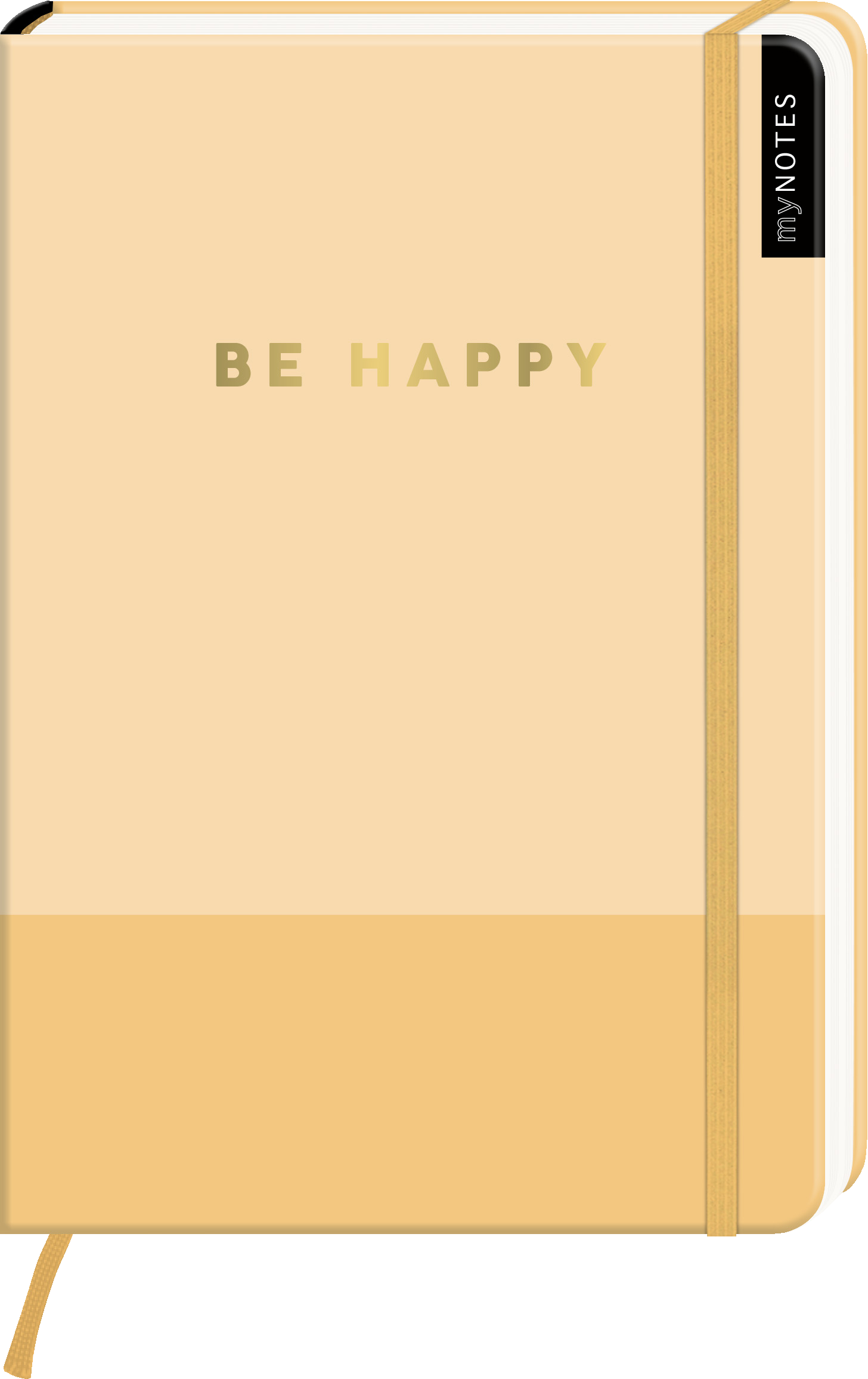 Das Buchcover zeigt einen warmen, hellgelben Hintergrund mit dem Schriftzug „BE HAPPY“ in goldener Schrift, der in klarer, moderner Typografie zentriert platziert ist. Der untere Teil des Covers ist in einem etwas dunkleren Gelbton abgesetzt, was einen harmonischen Kontrast schafft. Am linken Rand befindet sich ein schwarzes Etikett mit der Aufschrift „myNOTES“. Ganz unten mittig steht der Logoschriftzug von arsEdition.