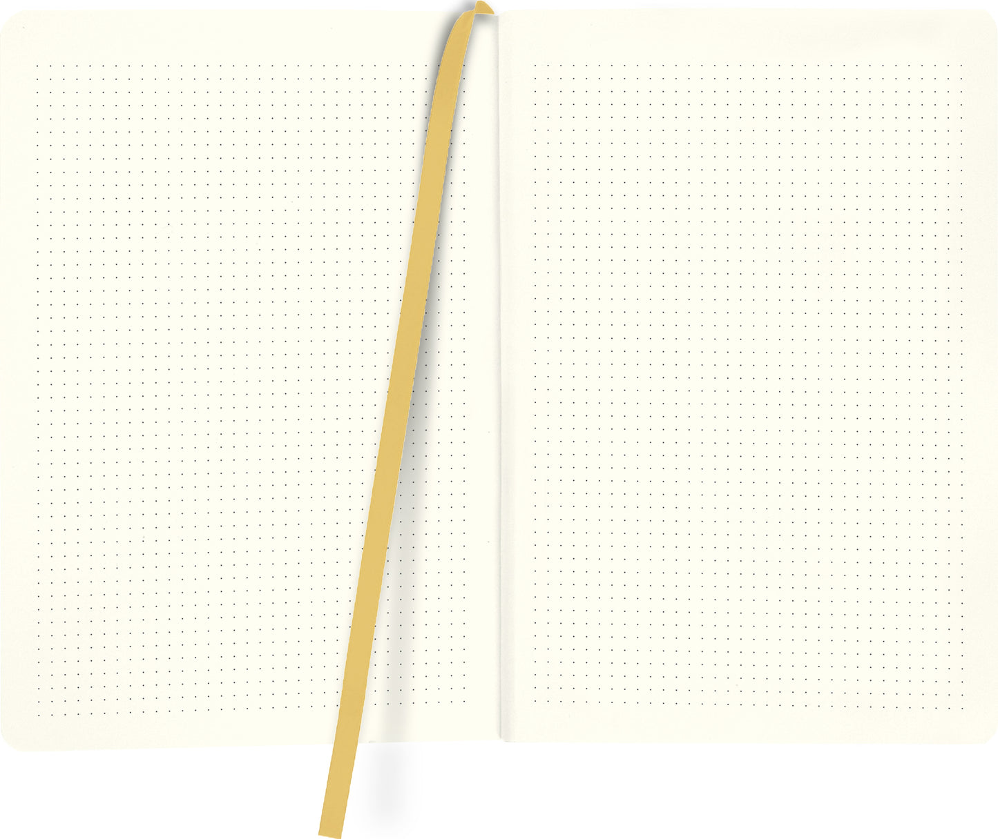 Gezeigt wird eine Innen- oder Zusatzansicht von „myNOTES Notizbuch A5: Be Happy“. Die Seiten sind in einem sanften, cremefarbenen Ton gehalten und mit feinen, gepunkteten Linien versehen, die eine klare Struktur bieten. In der Mitte des Notizbuchs befindet sich ein gelbes, elegantes Lesezeichen, das einen fröhlichen Akzent setzt. Die Typografie ist schlicht und modern, wodurch das Notizbuch für vielseitige Schreibbedürfnisse geeignet ist.