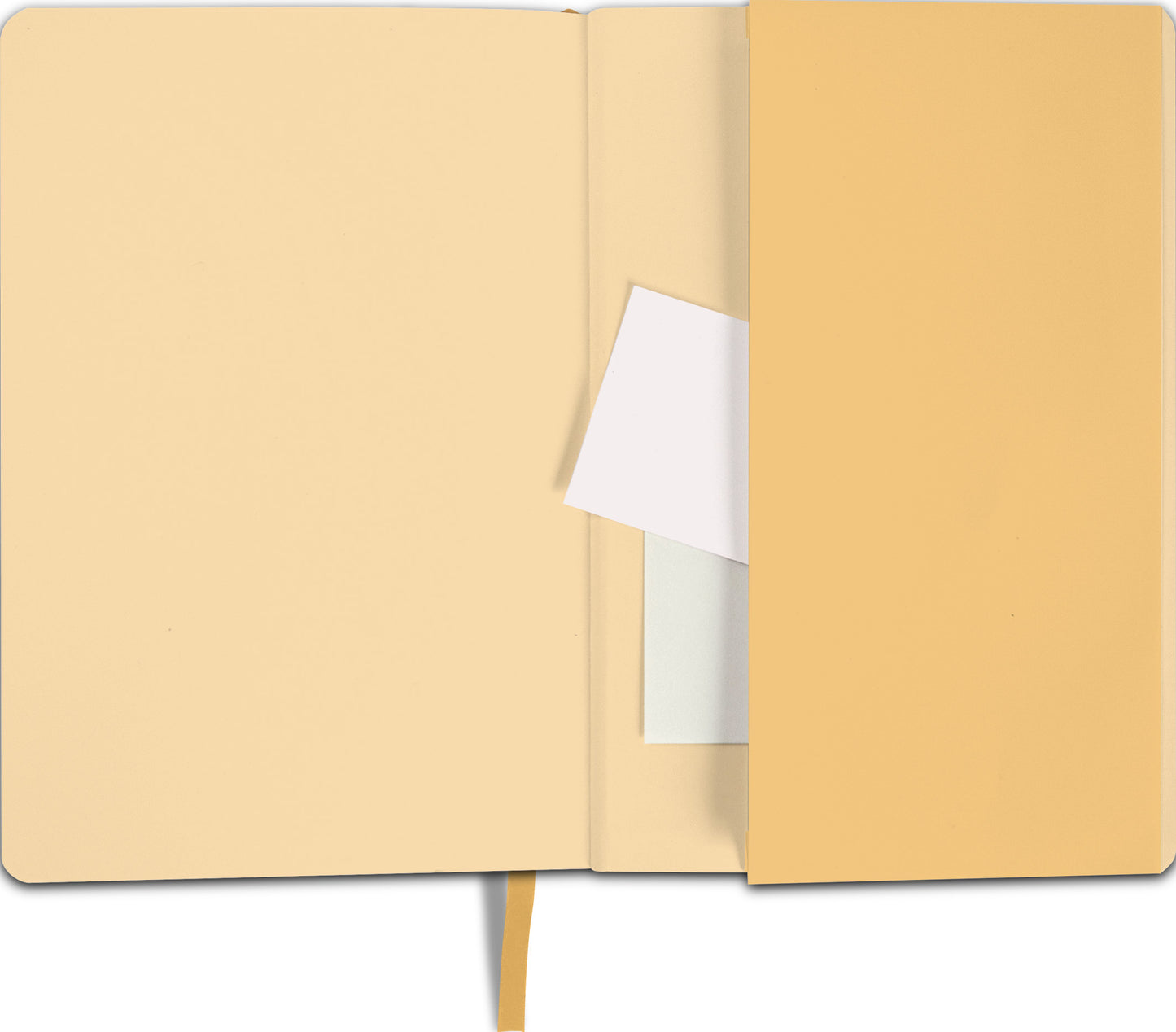 Gezeigt wird eine Innen- oder Zusatzansicht von „myNOTES Notizbuch A5: Be Happy“. Die Seiten sind in einem sanften Creme-Ton gehalten, während die Innenseite des Covers einen warmen Gelbton aufweist. Ein elastisches Lesezeichen in Gelb ergänzt das Design. Im Inneren befindet sich eine Tasche für visuelle Materialien sowie ein weißes Blatt, das herausragt. Die Typografie ist klar und modern, was den insgesamt positiven und einladenden Eindruck unterstützt.