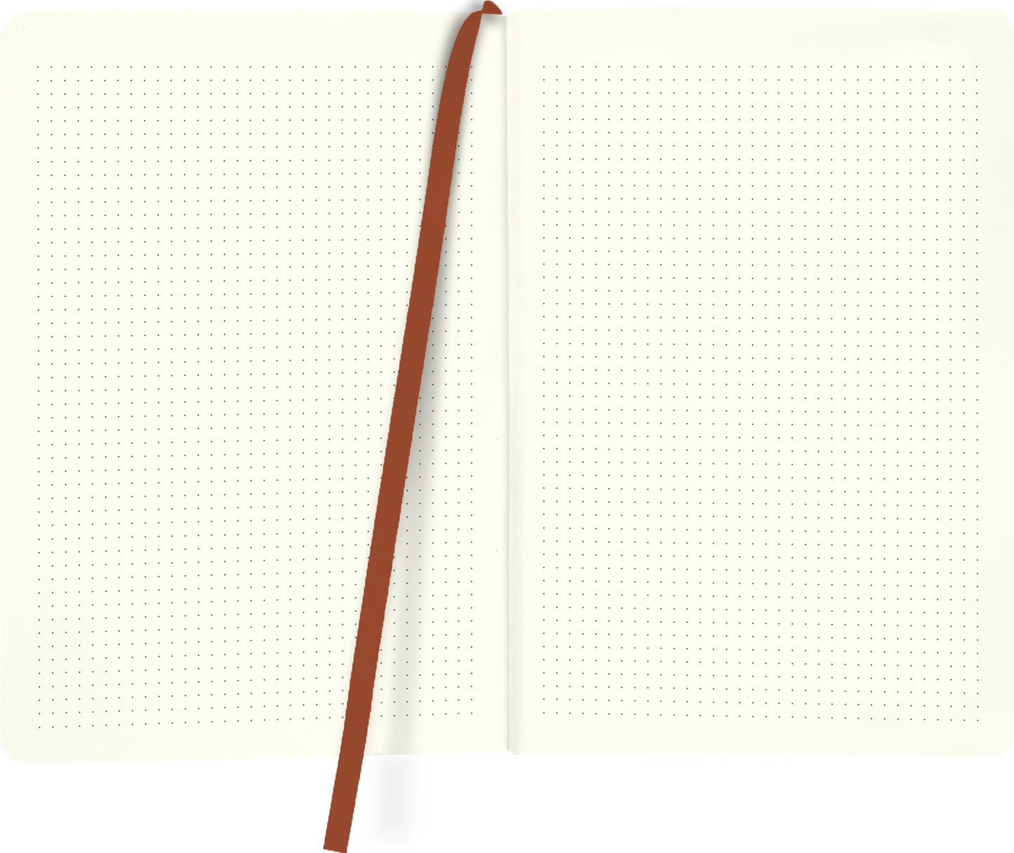 Gezeigt wird eine Innen- oder Zusatzansicht von „myNOTES Notizbuch A5: Regenbogenfängerin“. Die Seiten sind in einem sanften Cremeweiß gehalten und mit einem dezenten, regelmäßig angeordneten, feinen Punkteraster versehen. Ein weich strukturiertes, hellbraunes Lesezeichen verleiht dem Notizbuch eine praktische Note. Die Schriftart ist klar und modern, wodurch eine angenehme Lesbarkeit gegeben ist.