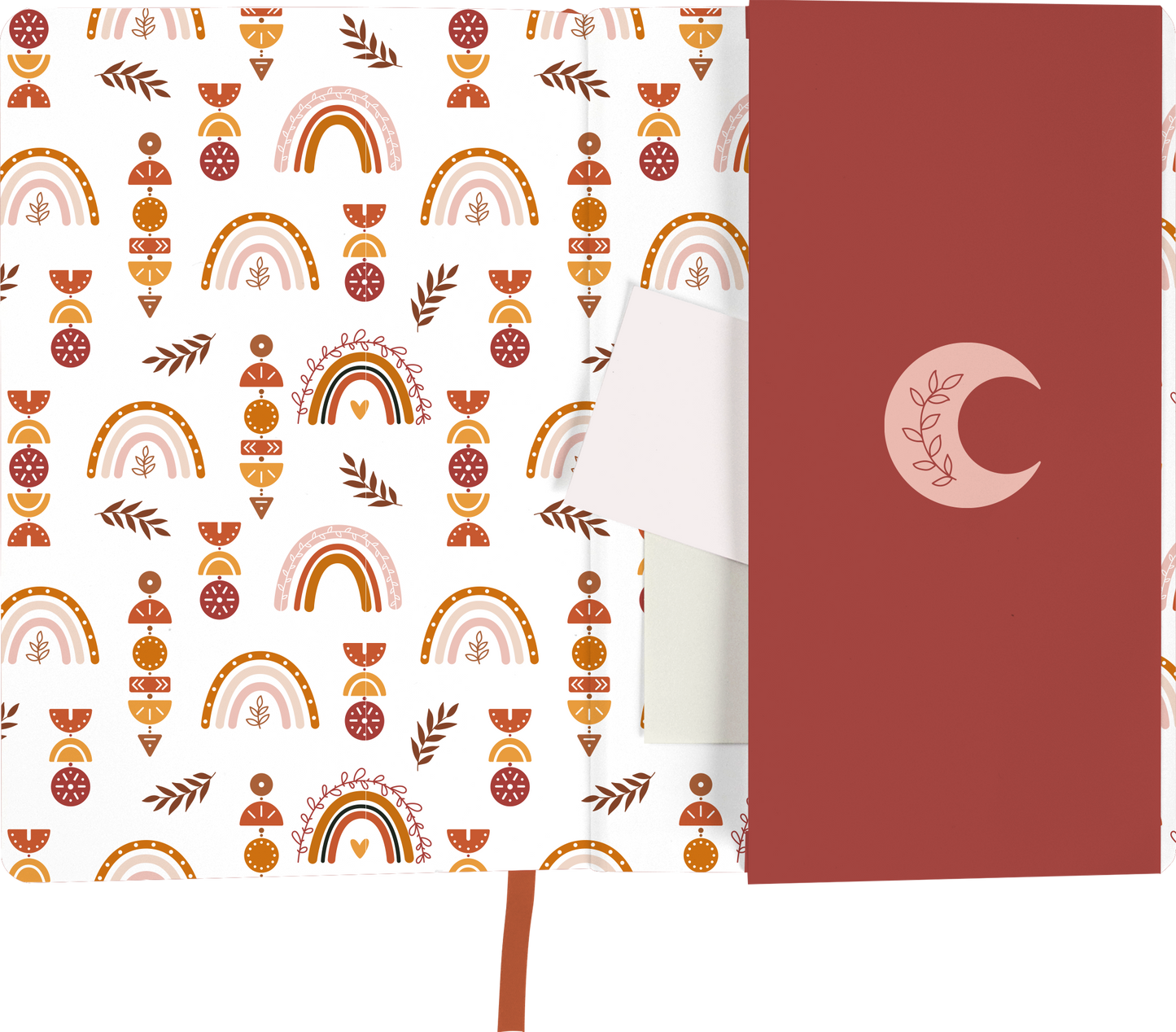 Gezeigt wird eine Innen- oder Zusatzansicht von „myNOTES Notizbuch A5: Regenbogenfängerin“. Die Ansicht präsentiert ein buntes, fröhliches Muster aus Regenbögen, geometrischen Figuren und Blättern auf hellem Hintergrund. Die Farben sind warm und erdtonig, dominierend sind sanfte Rosatöne, Erdtöne und lebendige Akzente. Ein rotes Cover mit einem dezenten, kreisförmigen Logo in sanften Farben ergänzt das Design. Die Typografie ist modern und ansprechend gestaltet.