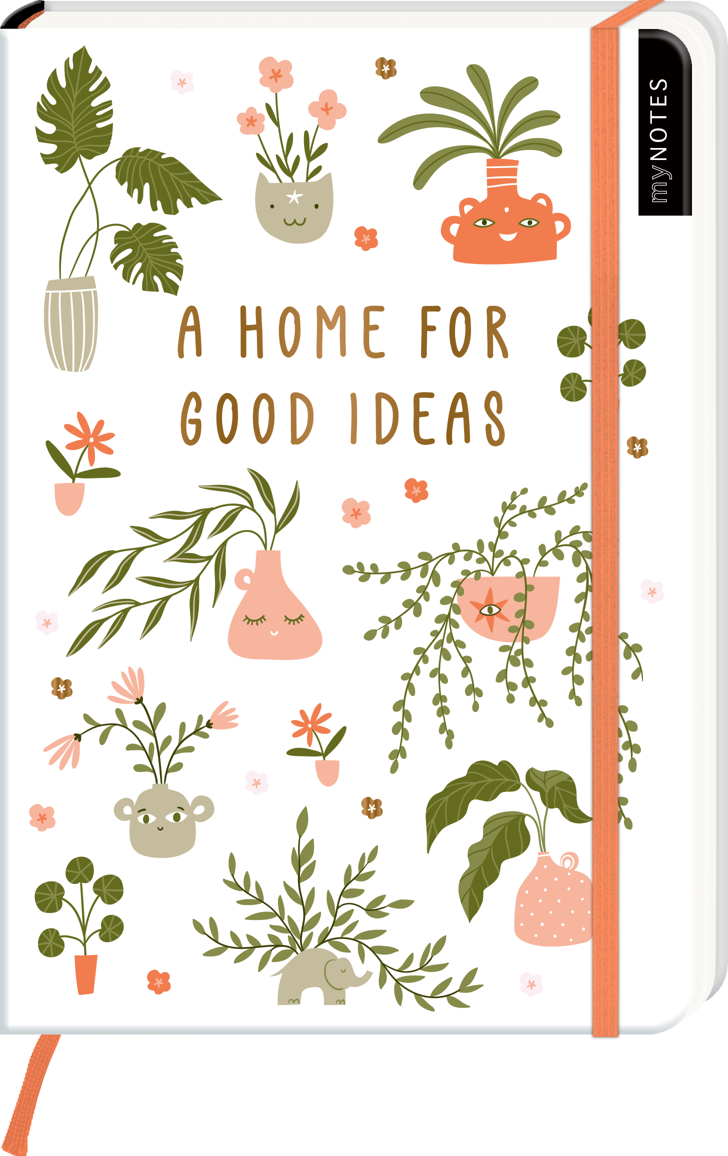 Das Buchcover zeigt eine helle, weiße Hintergrundfarbe. Darauf sind verschiedene Pflanzenillustrationen in sanften Farben wie Grün, Rosa und Beige abgebildet. Der Titel „A HOME FOR GOOD IDEAS“ hebt sich in einer freundlichen, verspielten Schriftart hervor, die in goldener Farbe gestaltet ist. Die Anordnung der Pflanzen und kleinen Tierchen verleiht dem Cover eine einladende, kreative Atmosphäre. Ganz unten mittig steht der Logoschriftzug von arsEdition.
