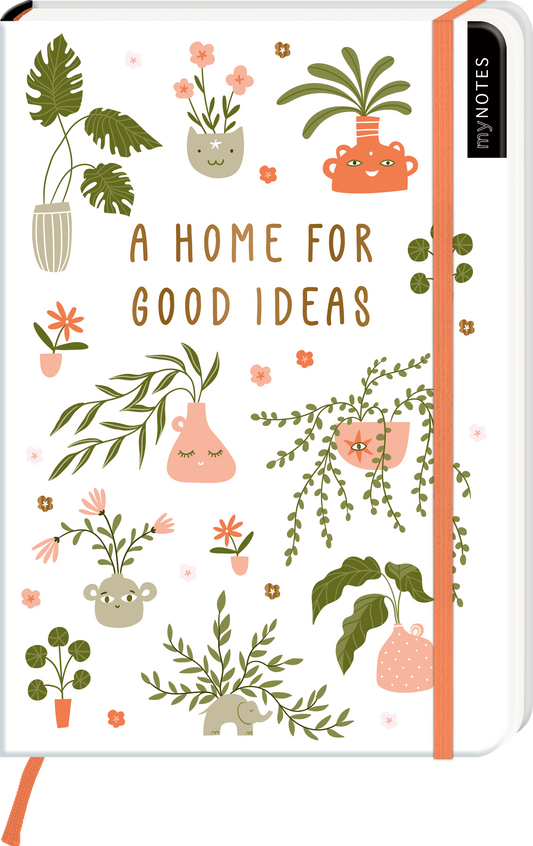 Das Buchcover zeigt eine helle, weiße Hintergrundfarbe. Darauf sind verschiedene Pflanzenillustrationen in sanften Farben wie Grün, Rosa und Beige abgebildet. Der Titel „A HOME FOR GOOD IDEAS“ hebt sich in einer freundlichen, verspielten Schriftart hervor, die in goldener Farbe gestaltet ist. Die Anordnung der Pflanzen und kleinen Tierchen verleiht dem Cover eine einladende, kreative Atmosphäre. Ganz unten mittig steht der Logoschriftzug von arsEdition.