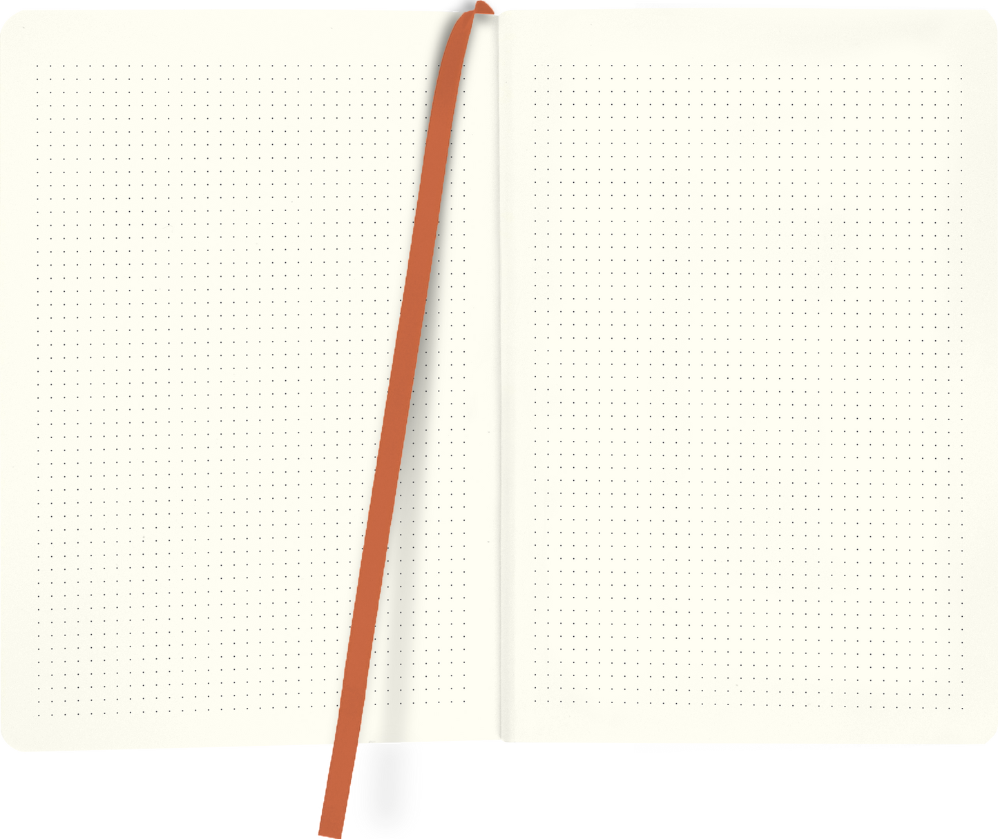 Gezeigt wird eine Innen- oder Zusatzansicht von „myNOTES Notizbuch A5: A home for good ideas“. Die Seite zeigt ein beige-ivorfarbenes Papier mit feinen, dezenten Punkten in regelmäßigen Abständen, das eine strukturierte Schreibunterlage bietet. Eine leuchtend orangefarbene Lesebandmarkierung zieht sich vertikal durch das Zentrum. Die klare, moderne Typografie ist gut lesbar und unterstützt die praktische Nutzung des Notizbuchs.