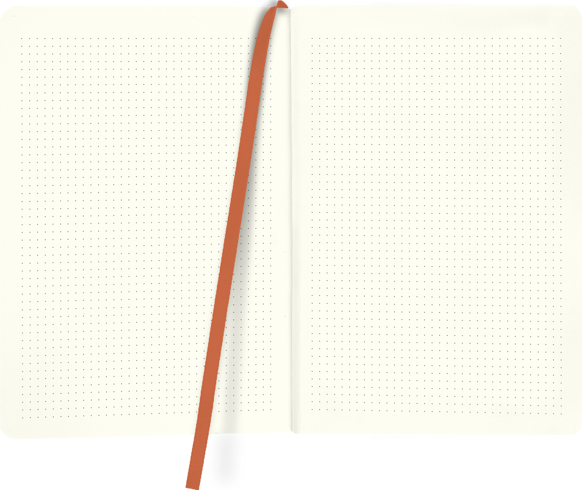 Gezeigt wird eine Innen- oder Zusatzansicht von „myNOTES Notizbuch A5: A home for good ideas“. Die Seite zeigt ein beige-ivorfarbenes Papier mit feinen, dezenten Punkten in regelmäßigen Abständen, das eine strukturierte Schreibunterlage bietet. Eine leuchtend orangefarbene Lesebandmarkierung zieht sich vertikal durch das Zentrum. Die klare, moderne Typografie ist gut lesbar und unterstützt die praktische Nutzung des Notizbuchs.