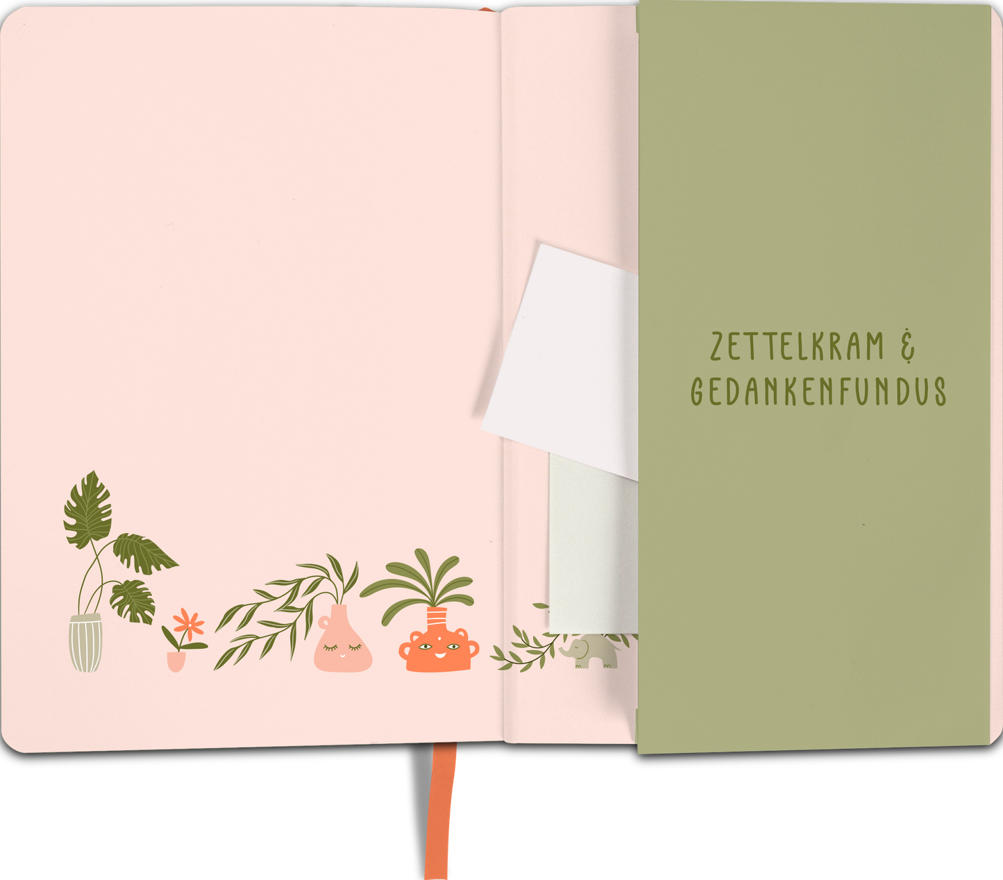 Gezeigt wird eine Innen- oder Zusatzansicht von „myNOTES Notizbuch A5: A home for good ideas“. Die linke Seite zeigt eine sanft rosa Hintergrundfarbe, verziert mit Illustrationen von Pflanzen in verschiedenen Töpfen. Auf der rechten Seite ist ein grüner Einleger mit dem Aufdruck „Zettelkrams & Gedankenfundus“ in gut lesbarer, moderner Typografie. Die Farbgestaltung ist harmonisch und freundlich, ergänzt durch ein orangefarbenes Band, das als Lesezeichen dient.
