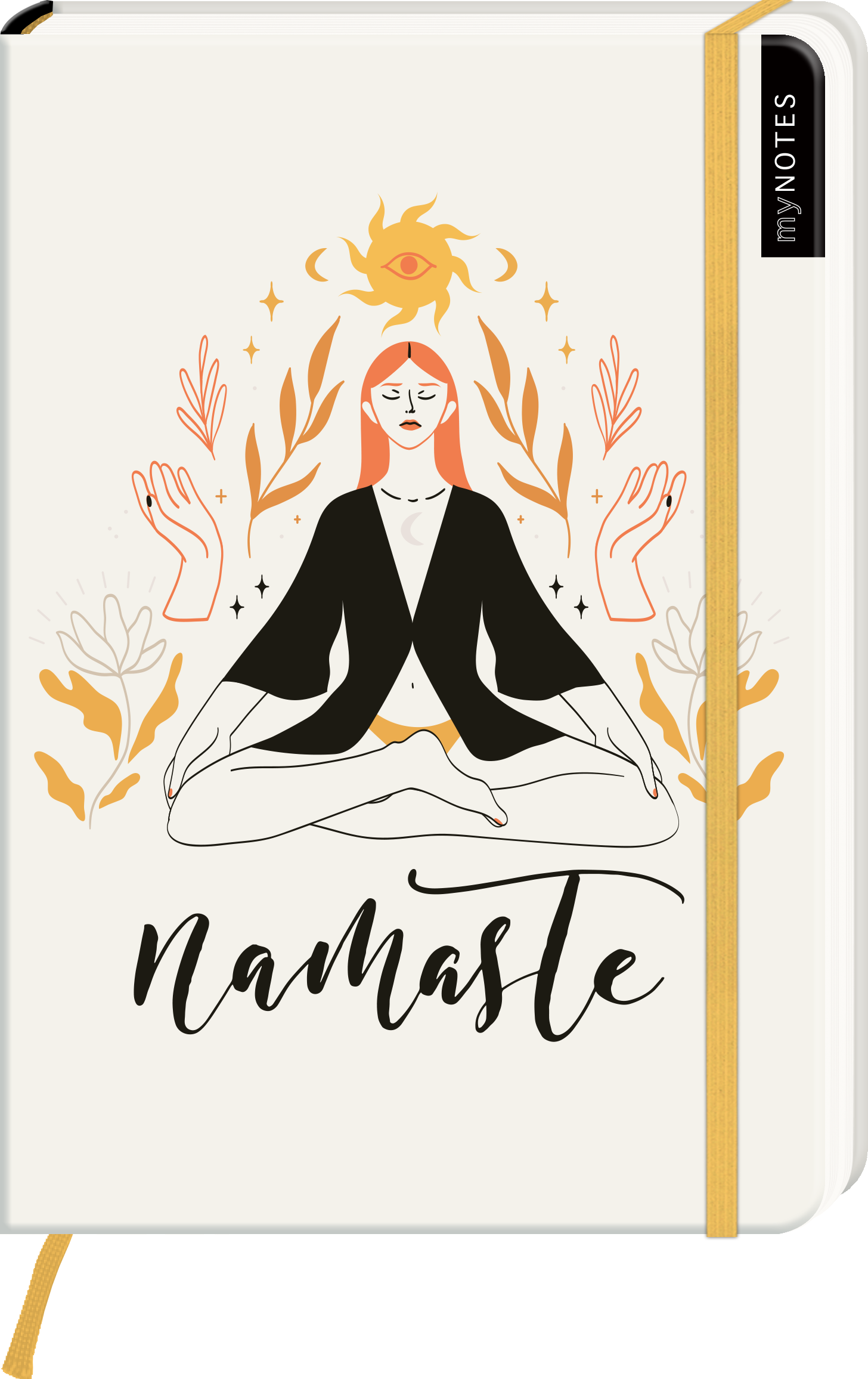 Das Buchcover zeigt eine meditierende Frau mit roten Haaren, gekleidet in ein schwarzes Gewand. Um sie herum sind stilisierte Hände und florale Elemente in sanften Gelbtönen angeordnet. Über ihr schimmert ein Auge in der Mitte einer Sonne, was eine spirituelle Atmosphäre vermittelt. Der Titel „namaste“ ist in geschwungener schwarz-geschriebener Schrift platziert. Ganz oben rechts befindet sich der Schriftzug „my NOTES“. Ganz unten mittig steht der Logoschriftzug von arsEdition.