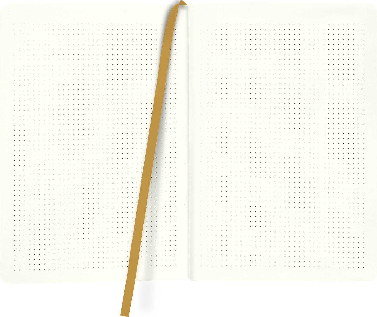 Gezeigt wird eine Innenansicht von „myNOTES Notizbuch A5: Namaste“. Die Doppelseite enthält ein offenes Layout mit hellbeigem, punktiertem Papier. Die Punkte sind gleichmäßig verteilt und bieten Raum für handschriftliche Notizen oder Skizzen. Ein goldgelber Lesebändchen ist zwischen den Seiten platziert und verleiht dem Design eine elegante Note. Die sanfte Farbe und die strukturierte Oberfläche fördern eine angenehme Schreibumgebung.