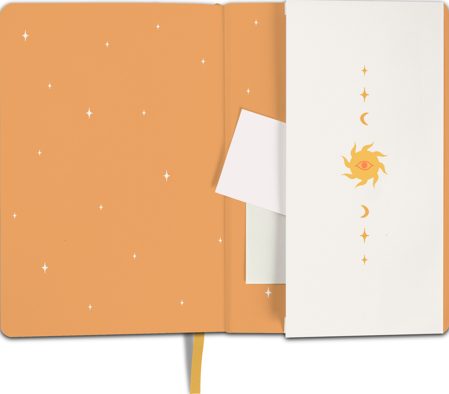 Gezeigt wird eine Innen- oder Zusatzansicht von „myNOTES Notizbuch A5: Namaste“. Die Innenseite ist in einem sanften Orange mit kleinen, weißen Sternen gestaltet. Auf der rechten Seite befindet sich eine klappbare Zusatzseite mit einem zentrierten, goldenen Design, das eine Sonne mit einem Auge und Mondsymbolen zeigt. Die Typografie ist modern und klar, ergänzt durch einen gelben Lesezeichenbändchen, das den praktischen Nutzen unterstreicht.