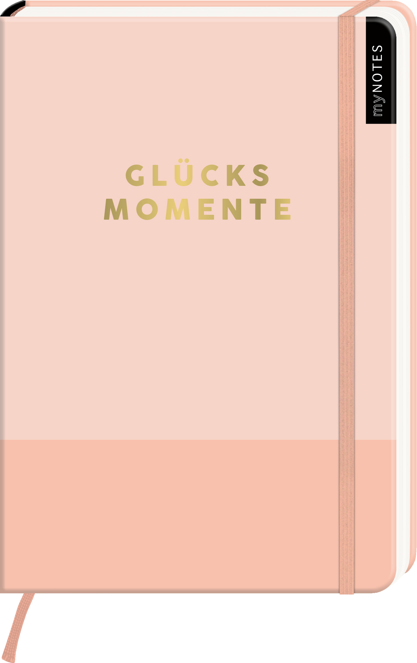 Das Buchcover zeigt ein schlichtes Notizbuch in sanften Rosatönen. In der Mitte des Covers steht der Titel „GLÜCKSMOMENTE“ in goldenen, modernen Buchstaben. Der obere Teil des Covers ist in einem helleren Rosa gehalten, während der untere Teil etwas dunkler ist. Auf der linken Seite zieht ein schwarzes Label mit der Aufschrift „myNOTES“ die Aufmerksamkeit auf sich. Ganz unten mittig steht der Logoschriftzug von arsEdition.