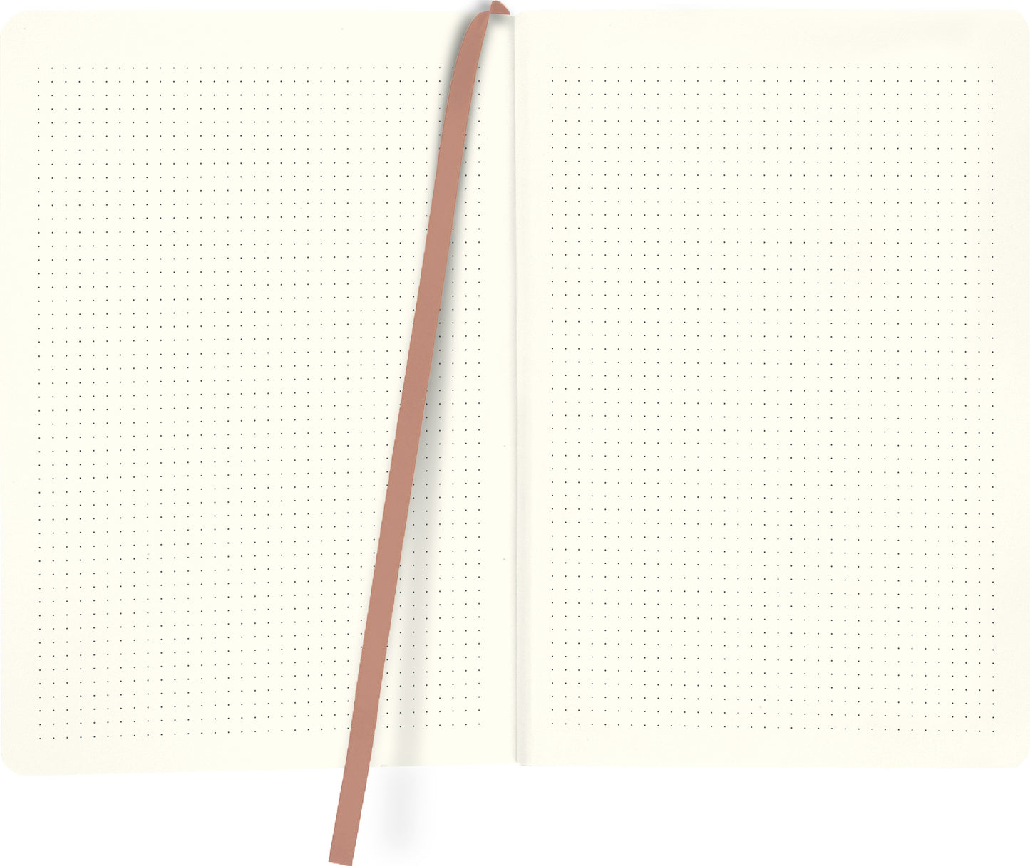 Gezeigt wird eine Innen- oder Zusatzansicht von „myNOTES Notizbuch A5: Glücksmomente“. Die Doppelseiten sind in einem sanften Cremeton gehalten und mit feinen, gleichmäßig verteilten Punkten strukturiert. Ein hellbraunes Lesezeichen hängt mittig und bietet eine praktische Orientierungshilfe. Die Typografie ist schlicht und modern, was das Notizbuch ansprechend und funktional erscheinen lässt, ideal für kreative Gedanken und Ideen.