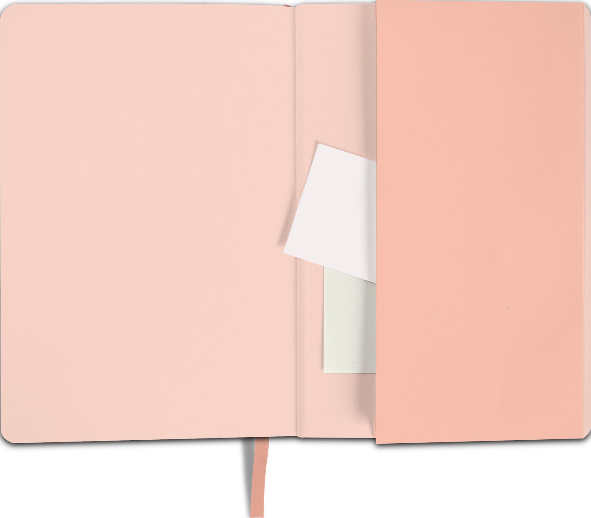 Gezeigt wird eine Innen- oder Zusatzansicht von „myNOTES Notizbuch A5: Glücksmomente“. Die Innenseiten sind in einem sanften Rosatton gehalten, was eine beruhigende Atmosphäre schafft. Auf der linken Seite befindet sich eine praktische Einstecktasche, während die rechte Seite Platz für Notizen bietet. Ein graues Lesezeichen ist sichtbar und dient der einfachen Navigation. Die typografische Gestaltung ist schlicht und modern, was die Benutzerfreundlichkeit unterstützt.