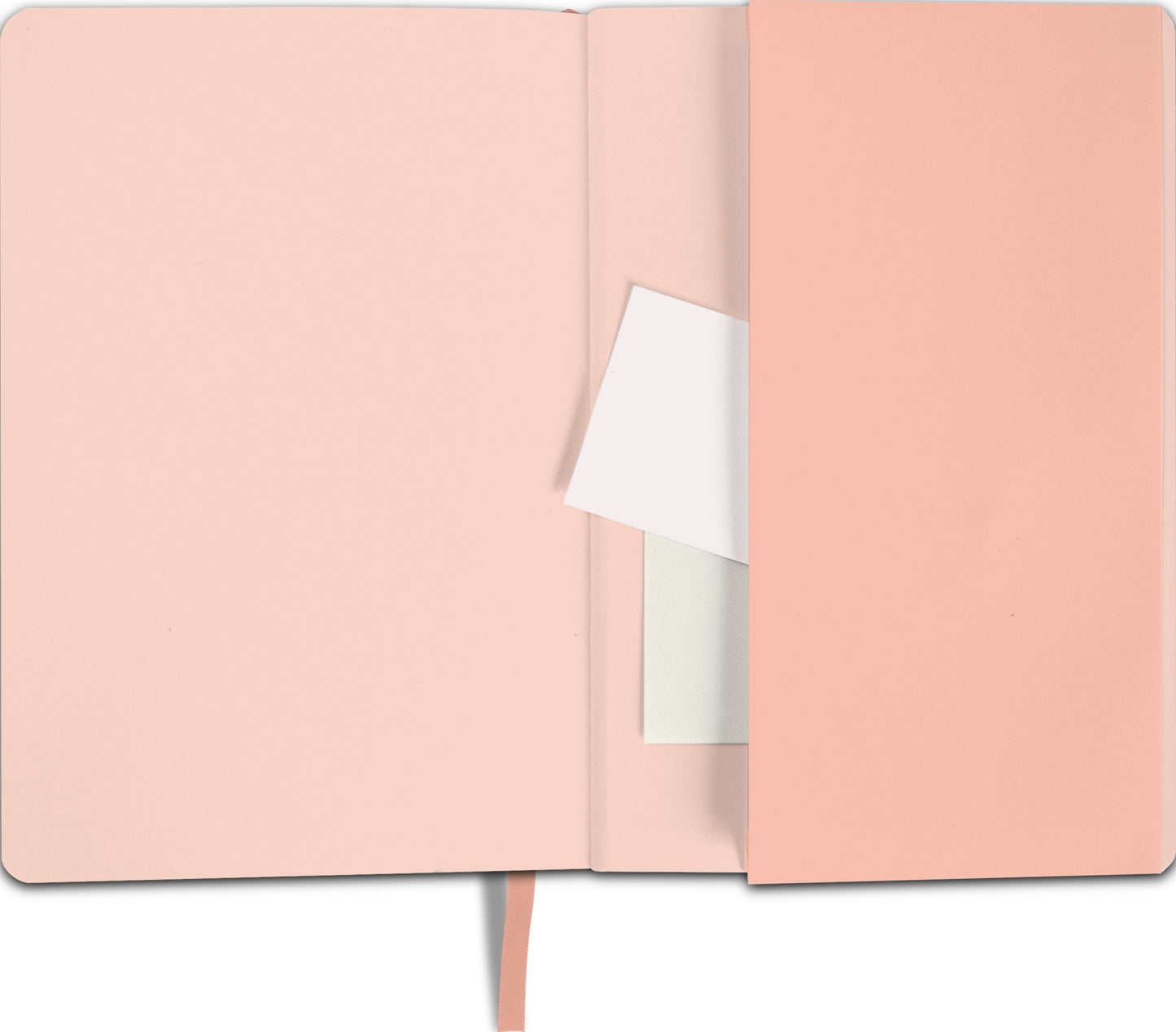 Gezeigt wird eine Innen- oder Zusatzansicht von „myNOTES Notizbuch A5: Glücksmomente“. Die Innenseiten sind in einem sanften Rosatton gehalten, was eine beruhigende Atmosphäre schafft. Auf der linken Seite befindet sich eine praktische Einstecktasche, während die rechte Seite Platz für Notizen bietet. Ein graues Lesezeichen ist sichtbar und dient der einfachen Navigation. Die typografische Gestaltung ist schlicht und modern, was die Benutzerfreundlichkeit unterstützt.