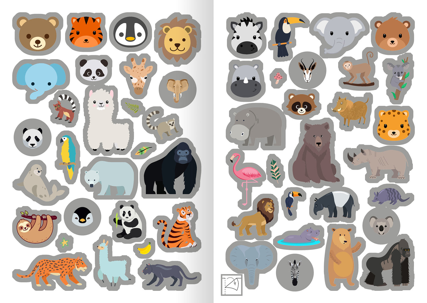 Gezeigt wird eine Innen- oder Zusatzansicht von „Metallic-Sticker – Wilde Tiere“. Die Abbildung zeigt eine bunte Vielzahl von Tieren, darunter einen Bären, einen Löwen, einen Elefanten und exotische Vögel, die in lebhaften Farben gestaltet sind. Ein einheitlicher, metallischer Glanz verleiht den Stickern ein ansprechendes Aussehen.