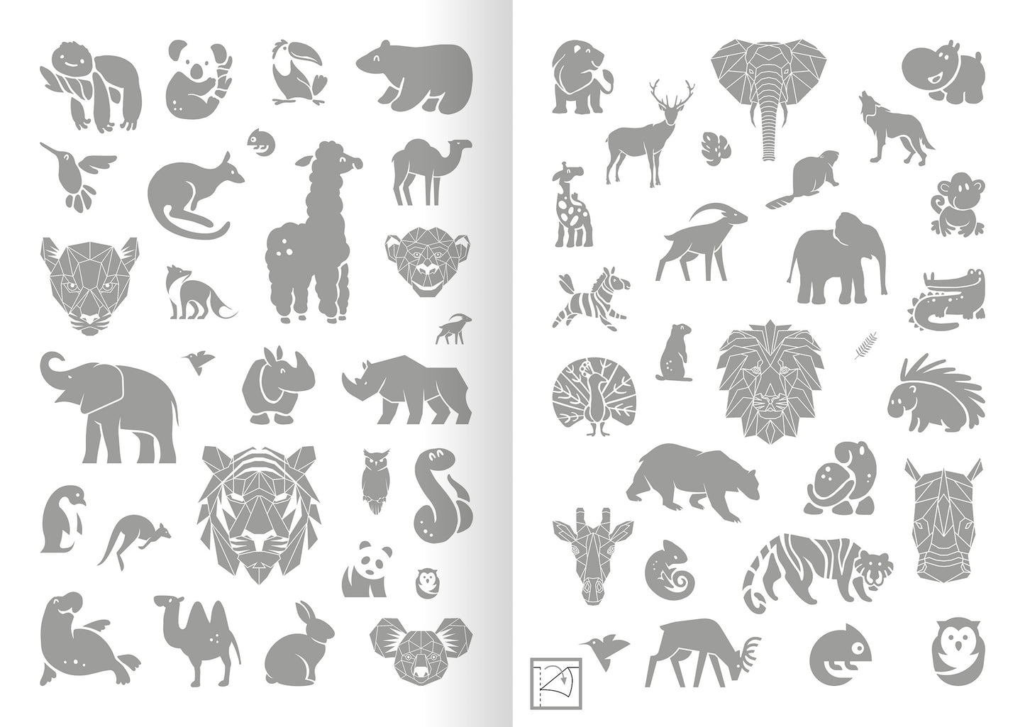 Gezeigt wird eine Innen- oder Zusatzansicht von „Metallic-Sticker – Wilde Tiere“. Die Seite zeigt eine Vielzahl von Tiersilhouetten in metallic-grau, darunter Elefanten, Giraffen und Löwen, die auf einer weißen Hintergrundfläche angeordnet sind. Die Illustrationen sind einfach gehalten und variieren in Größe und Form.