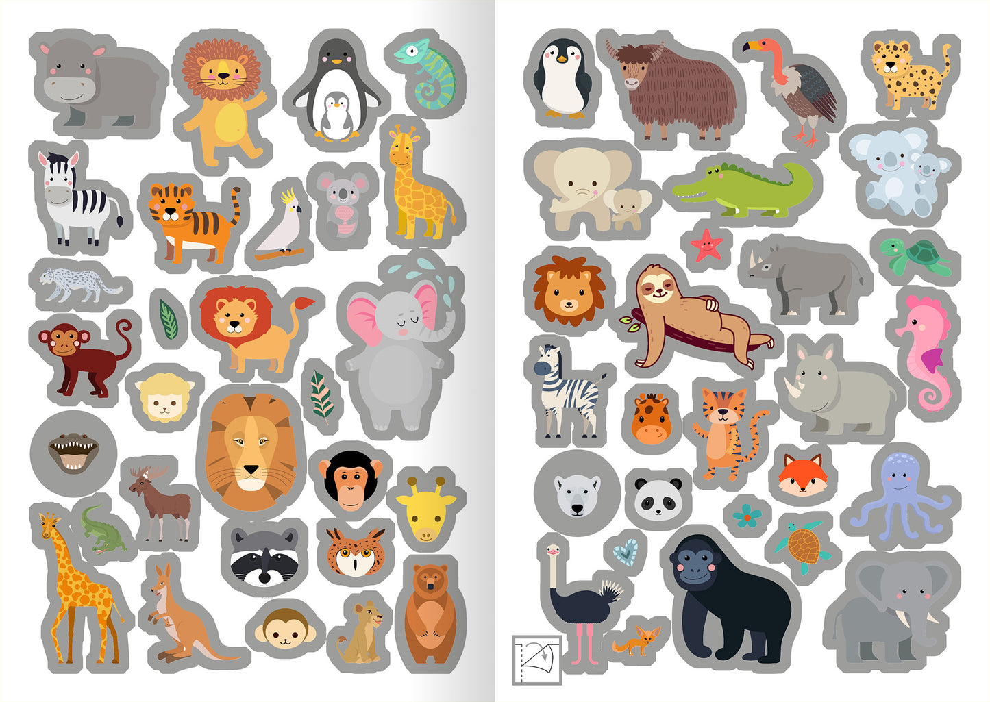 Gezeigt wird eine Innen- oder Zusatzansicht von „Metallic-Sticker – Wilde Tiere“. Die Abbildung zeigt eine bunte Vielzahl von Tieren, darunter einen Bären, einen Löwen, einen Elefanten und exotische Vögel, die in lebhaften Farben gestaltet sind. Ein einheitlicher, metallischer Glanz verleiht den Stickern ein ansprechendes Aussehen.