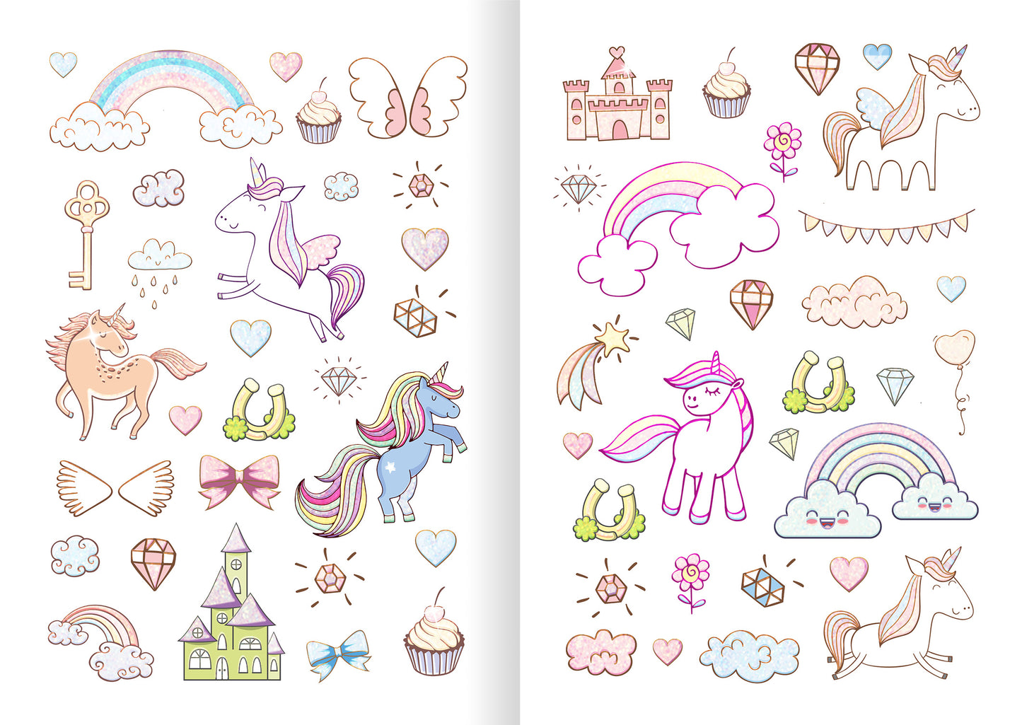 Gezeigt wird eine Innen- oder Zusatzansicht von „Glitzerspaß – Einhorn-Sticker“. Die Seite zeigt bunte Illustrationen von Einhörnern, Regenbögen, Wolken und anderen fantastischen Motiven in sanften Pastellfarben wie Rosa, Lila und Himmelblau. Die Seite ist ergänzt von herzigen Details wie Schleifen, Krönchen und Diamanten. Diese Vielfalt an Stickern bietet eine fröhliche und einladende Gestaltung, die die Fantasie anregt.