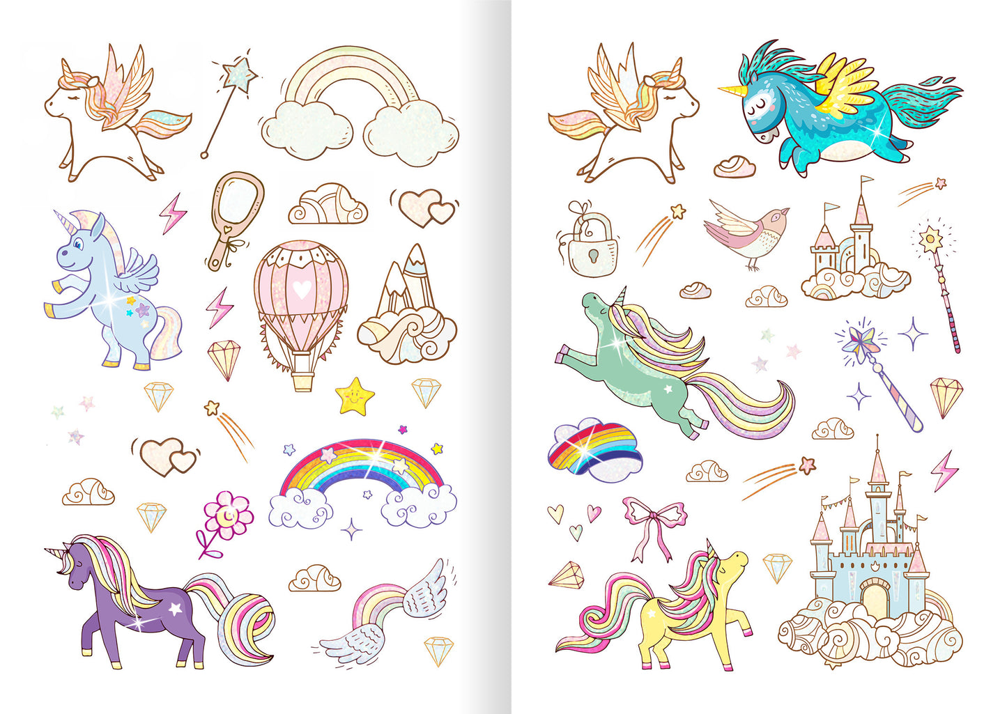 Gezeigt wird eine Innen- oder Zusatzansicht von „Glitzerspaß – Einhorn-Sticker“. Die Seite zeigt bunte Illustrationen von Einhörnern, Regenbögen, Wolken und anderen fantastischen Motiven in sanften Pastellfarben wie Rosa, Lila und Himmelblau. Die Seite ist ergänzt von herzigen Details wie Schleifen, Krönchen und Diamanten. Diese Vielfalt an Stickern bietet eine fröhliche und einladende Gestaltung, die die Fantasie anregt.