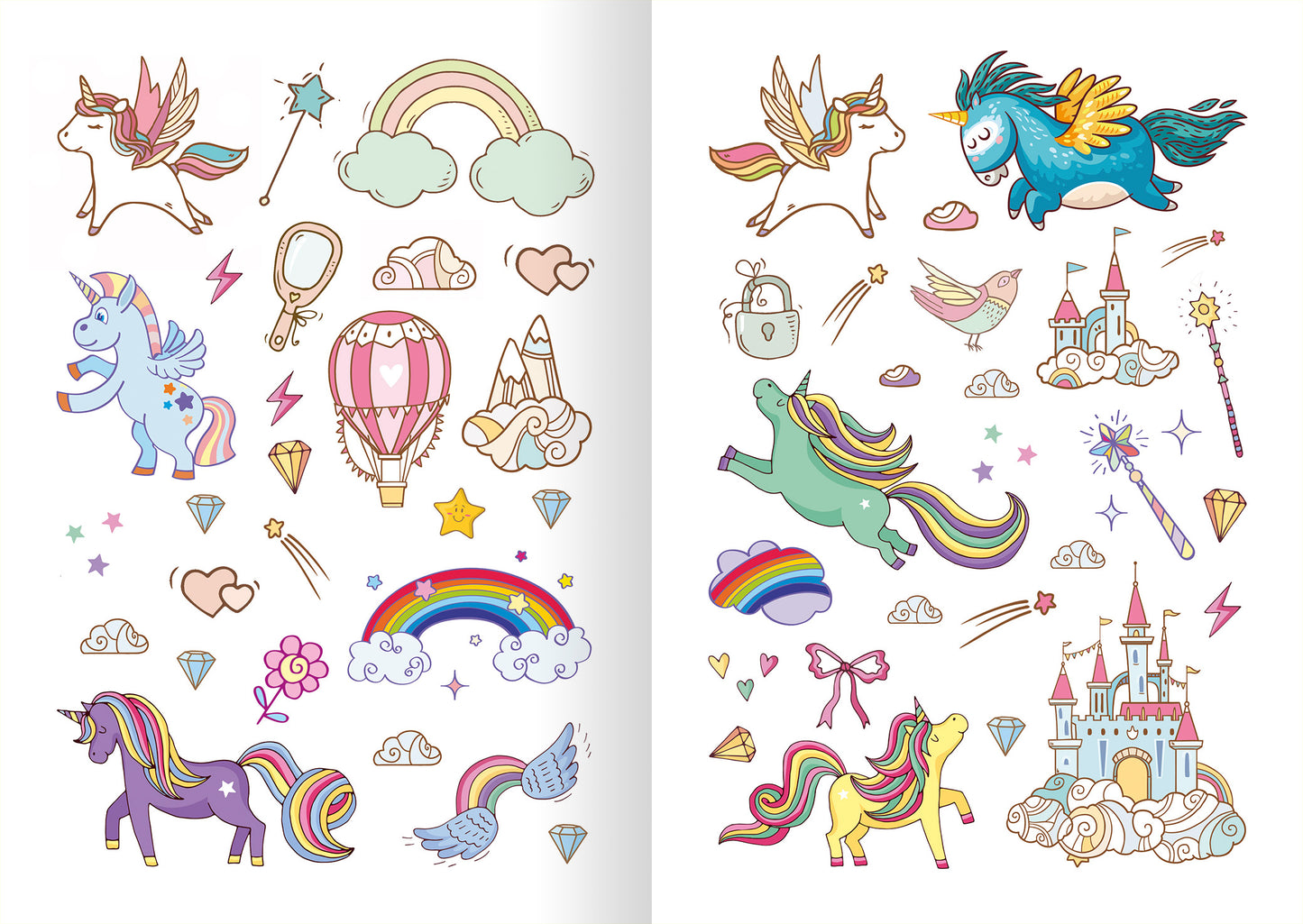 Gezeigt wird eine Innen- oder Zusatzansicht von „Glitzerspaß – Einhorn-Sticker“. Die Seite zeigt bunte Illustrationen von Einhörnern, Regenbögen, Wolken und anderen fantastischen Motiven in sanften Pastellfarben wie Rosa, Lila und Himmelblau. Die Seite ist ergänzt von herzigen Details wie Schleifen, Krönchen und Diamanten. Diese Vielfalt an Stickern bietet eine fröhliche und einladende Gestaltung, die die Fantasie anregt.