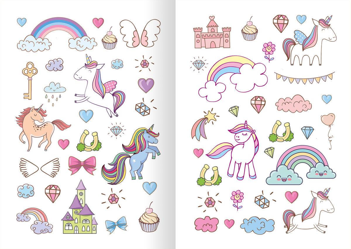 Gezeigt wird eine Innen- oder Zusatzansicht von „Glitzerspaß – Einhorn-Sticker“. Die Seite zeigt bunte Illustrationen von Einhörnern, Regenbögen, Wolken und anderen fantastischen Motiven in sanften Pastellfarben wie Rosa, Lila und Himmelblau. Die Seite ist ergänzt von herzigen Details wie Schleifen, Krönchen und Diamanten. Diese Vielfalt an Stickern bietet eine fröhliche und einladende Gestaltung, die die Fantasie anregt.