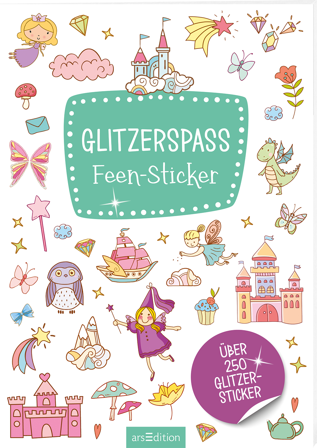 Das Buchcover zeigt eine verspielte, bunte Illustration mit verschiedenen Feen, Drachen, Sternen und weiteren märchenhaften Elementen. Im Mittelpunkt steht der Titel „Glitzerpass Feen-Sticker“ in einer fröhlichen, leicht verschnörkelten Schrift in weiß, umrahmt von einem mintgrünen Banner. Eine runde Auszeichnung in der unteren rechten Ecke informiert über „Über 250 Glitzer-Sticker“. Die zarten Pastellfarben und die kindliche Gestaltung vermitteln eine fantasievolle, festliche...