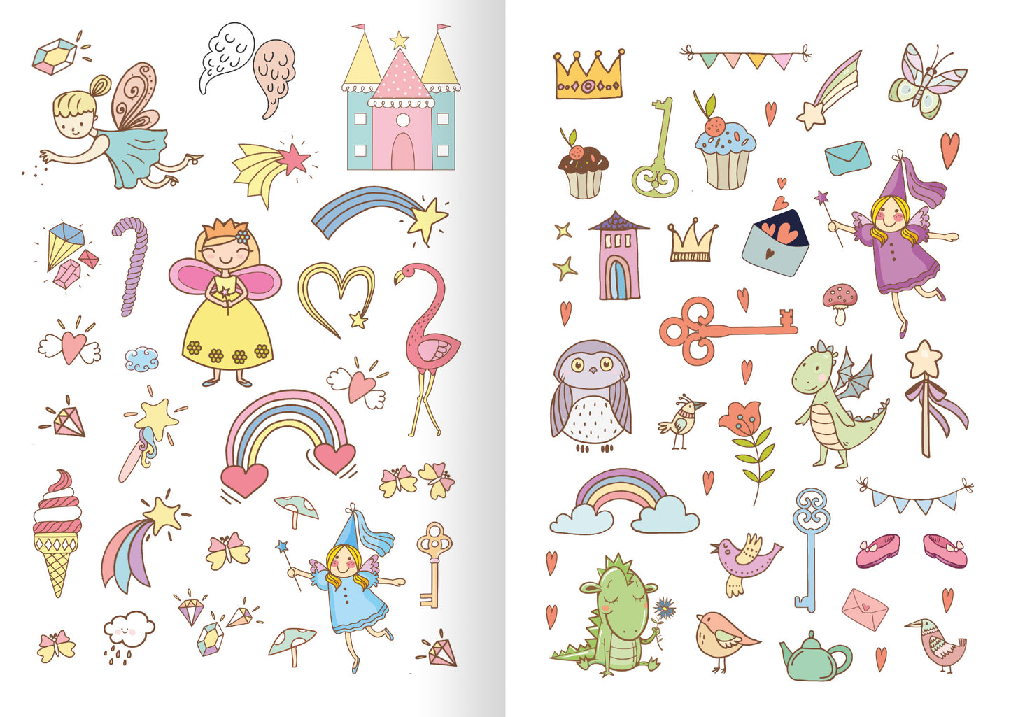 Gezeigt wird eine Innen- oder Zusatzansicht von „Glitzerspaß – Feen-Sticker“. Die Seite enthält bunte, handgezeichnete Illustrationen von Feen, Regenbögen, Zuckerwatte, einer Burg und verschiedenen fantasievollen Objekten. Die Farben sind weich und pastellartig, dominierend sind Rosa, Blau, Gelb und Grün.