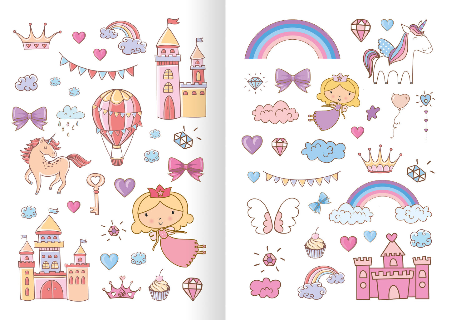 Gezeigt wird eine Innen- oder Zusatzansicht von „Glitzerspaß – Feen-Sticker“. Die Seite enthält bunte, handgezeichnete Illustrationen von Feen, Regenbögen, Zuckerwatte, Burgen, Schlösser und verschiedenen fantasievollen Objekten. Die Farben sind weich und pastellartig, dominierend sind Rosa, Blau, Gelb und Orange.