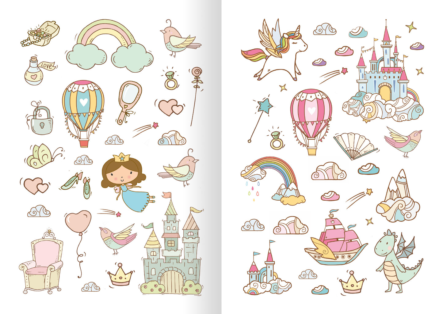 Gezeigt wird eine Innen- oder Zusatzansicht von „Glitzerspaß – Feen-Sticker“. Die Illustration zeigt eine bunte Ansammlung von verschiedenen fantastischen Motiven, darunter Luftballons, Einhörner, Schlösser und Vögel. Dominierende Farben sind Pastelltöne wie Rosa, Blau und Grün.