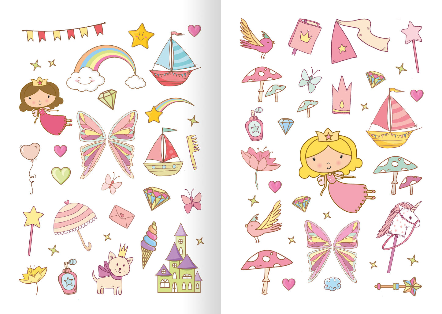 Gezeigt wird eine Innen- oder Zusatzansicht von „Glitzerspaß – Feen-Sticker“. Die Seite enthält bunte, handgezeichnete Illustrationen von Feen, Regenbögen, Zuckerwatte, Burgen, Schlösser und verschiedenen fantasievollen Objekten. Die Farben sind weich und pastellartig, dominierend sind Rosa, Blau, Gelb und Orange.