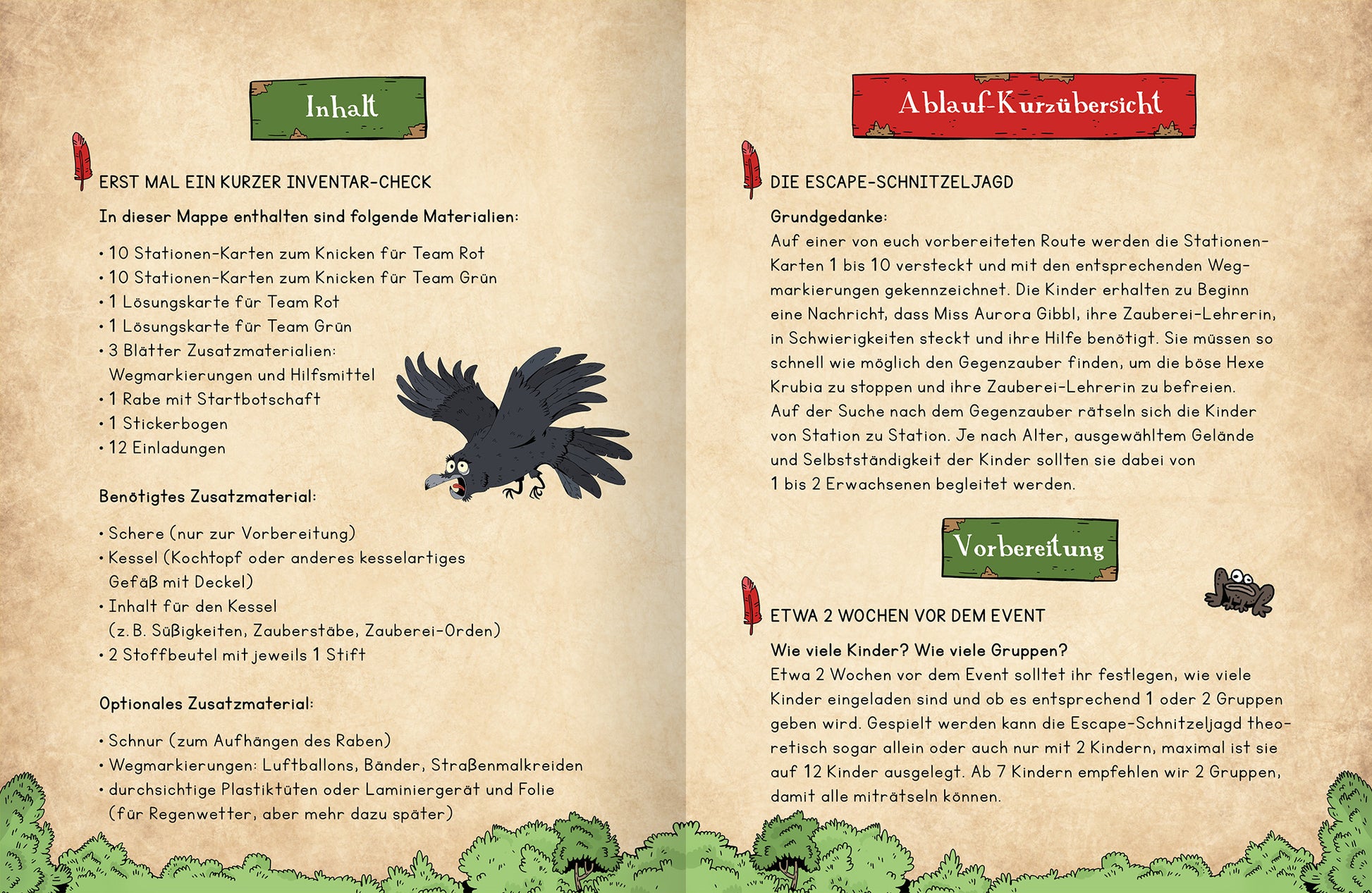 Gezeigt wird eine Innen- oder Zusatzansicht von „Escape-Schnitzeljagd – Besiegt die böse Zauberhexe!“. Die Seite ist in sanften Erdtönen gehalten und enthält eine klare, verspielte Schrift. Auf der linken Seite sind die Inhalte aufgelistet, während die rechte Seite eine Übersicht über den Ablauf der Schnitzeljagd präsentiert. Ein schwarzer Rabe und weitere fantasievolle Illustrationen aus der Zauberwelt ergänzen das Layout, das die Abenteuerlust der Leser anregt.