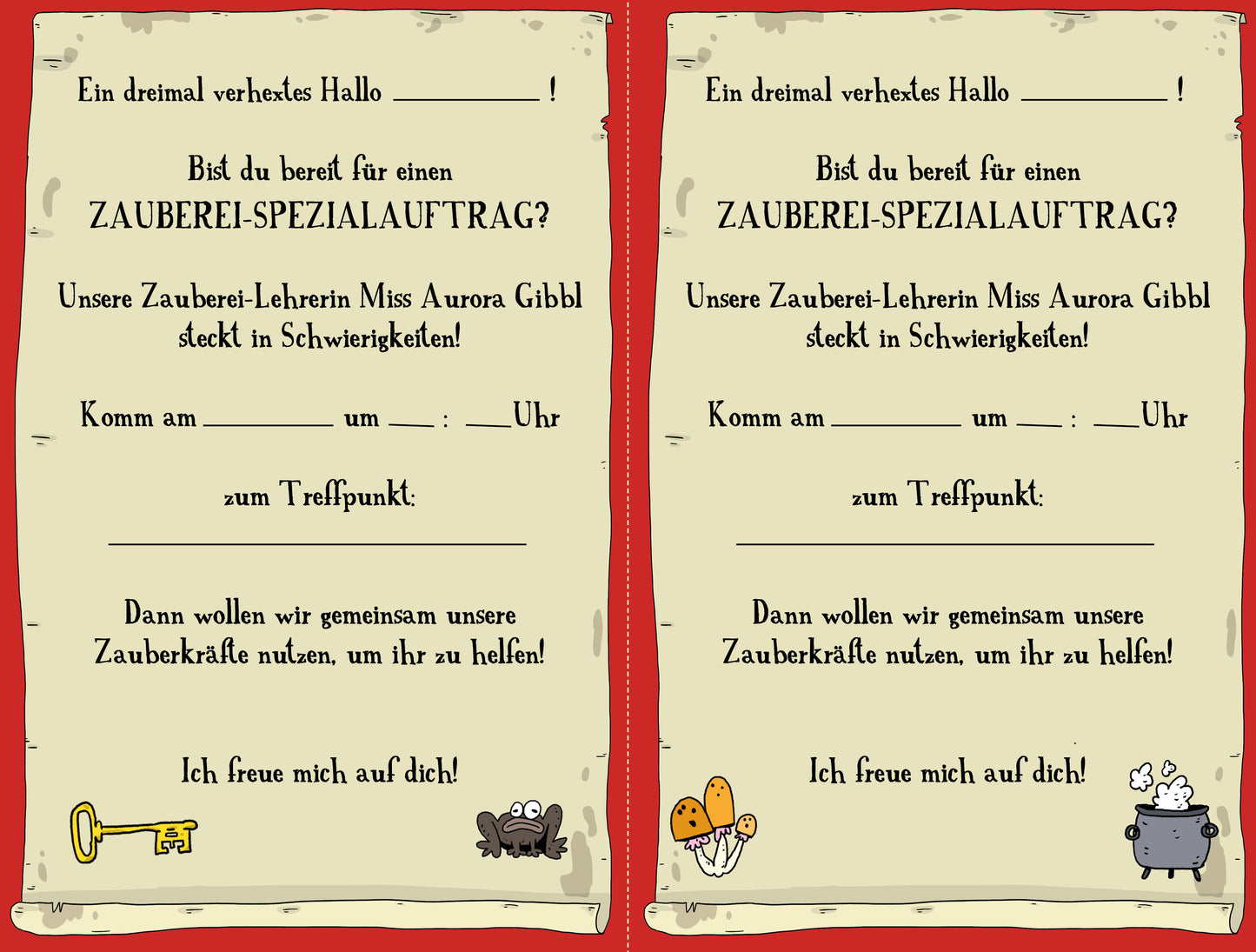 Gezeigt wird eine Innen- oder Zusatzansicht von „Escape-Schnitzeljagd – Besiegt die böse Zauberhexe!“. Die Seite zeigt ein illustrierendes Einladungsschreiben in warmen, einladenden Farben mit einem roten Rand und einem Schriftbild in handschriftlicher, kindgerechter Typografie. Oben steht in großen Buchstaben „Bist du bereit für einen Zauberei-Spezialauftrag?“, gefolgt von einem persönlichen Aufruf und leerer Stellen für Namen und Zeiten. Symbole wie ein Schlüssel, Pilze und...