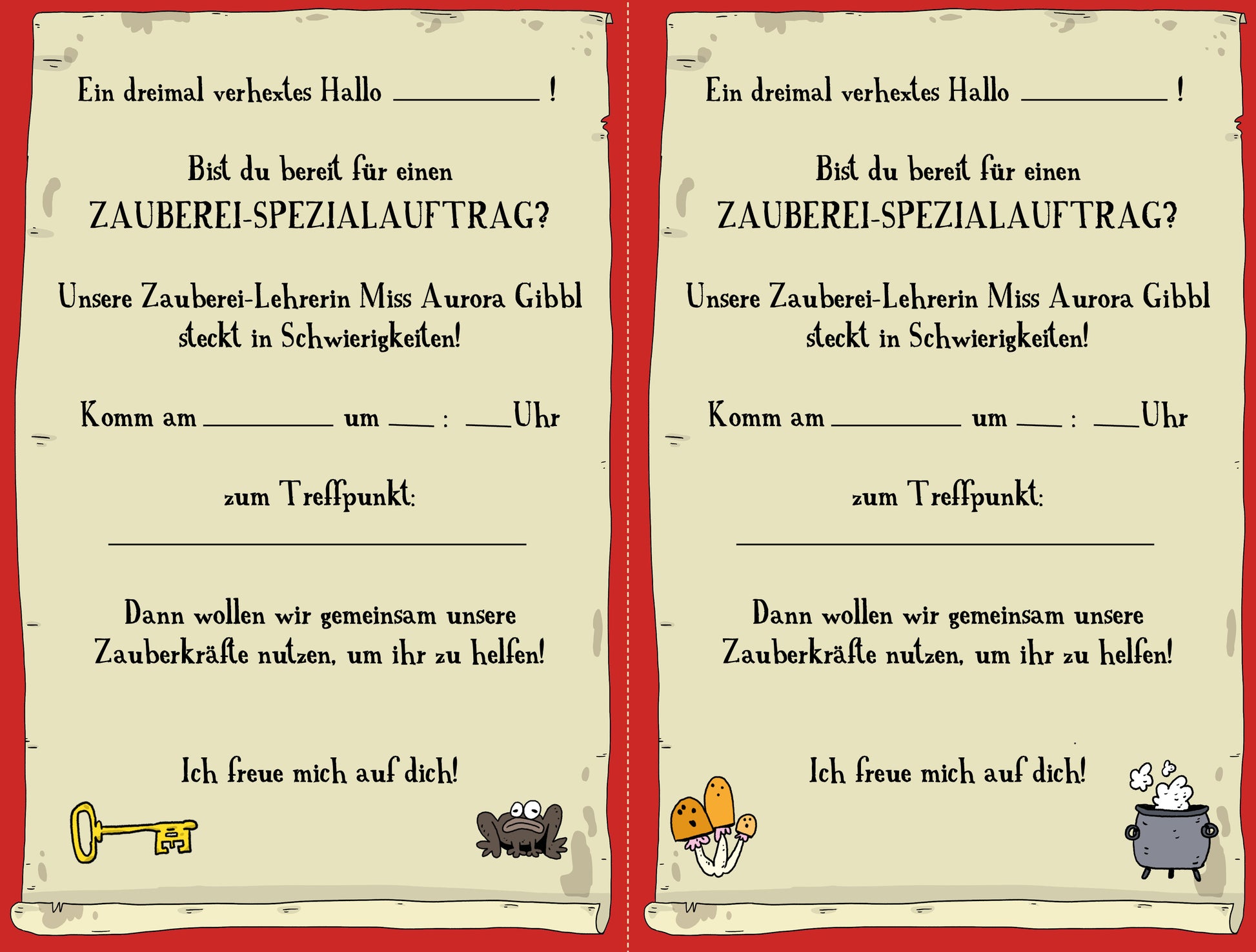 Gezeigt wird eine Innen- oder Zusatzansicht von „Escape-Schnitzeljagd – Besiegt die böse Zauberhexe!“. Die Seite zeigt ein illustrierendes Einladungsschreiben in warmen, einladenden Farben mit einem roten Rand und einem Schriftbild in handschriftlicher, kindgerechter Typografie. Oben steht in großen Buchstaben „Bist du bereit für einen Zauberei-Spezialauftrag?“, gefolgt von einem persönlichen Aufruf und leerer Stellen für Namen und Zeiten. Symbole wie ein Schlüssel, Pilze und...