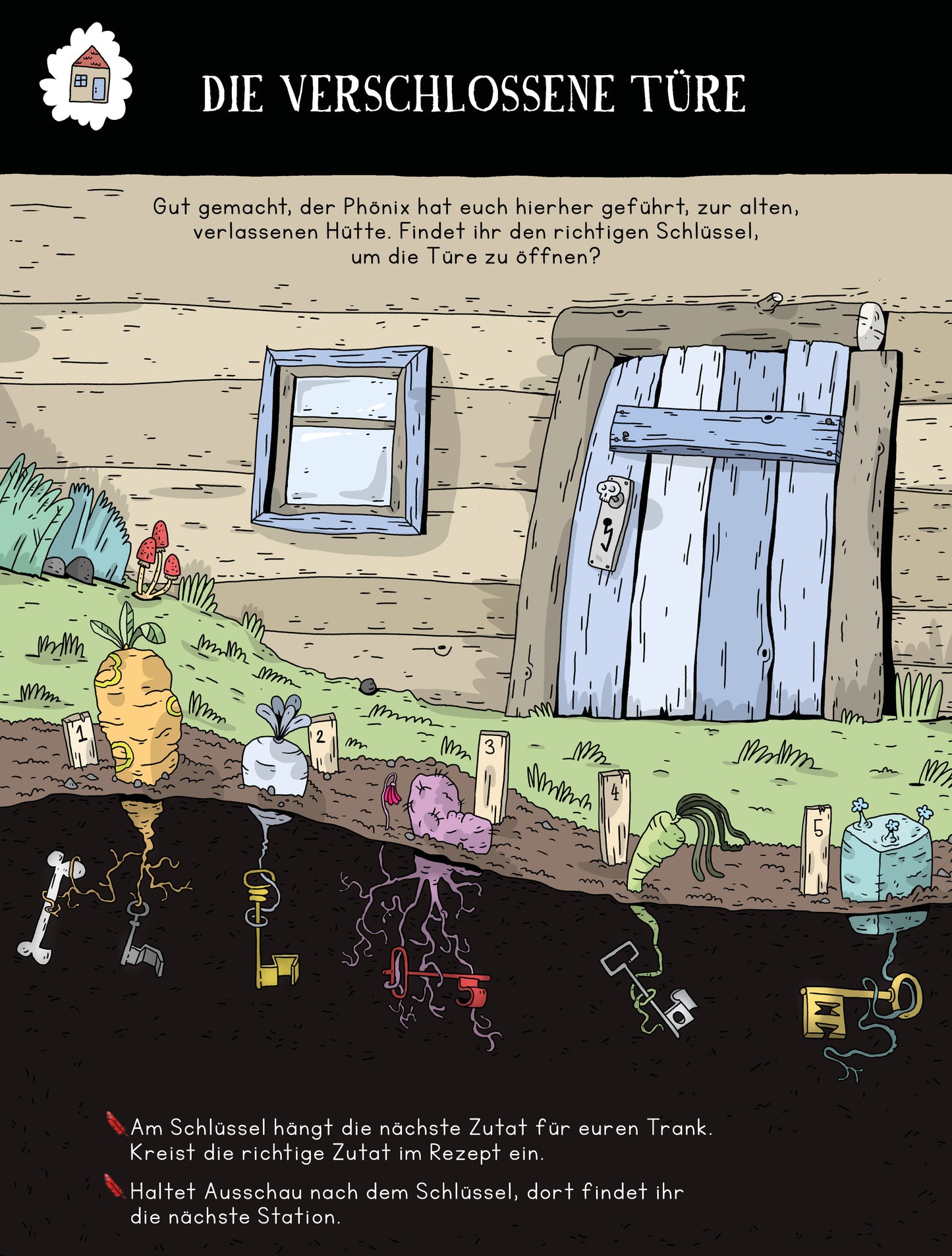 Gezeigt wird eine Innen- oder Zusatzansicht von „Escape-Schnitzeljagd – Besiegt die böse Zauberhexe!“. Das Bild zeigt eine verlassene Hütte mit einer verschlossenen Tür und einem Fenster. Die Holzoptik der Wände wird von bunten, stilisierten Pflanzen und verschiedenen Schlüsseln umrahmt, die im Boden liegen. Oben in weißer Schrift steht der Titel „DIE VERSCHLOSSENE TÜRE“, darunter ist eine kurze Anleitung in freundlicher, einladender Schrift. Die Farben sind überwiegend erdig...