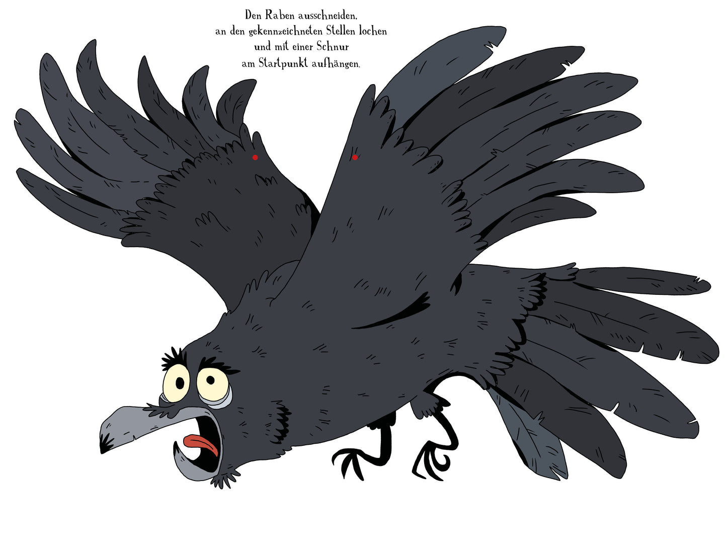 Gezeigt wird eine Innen- oder Zusatzansicht von „Escape-Schnitzeljagd – Besiegt die böse Zauberhexe!“. Auf dem Bild ist ein cartoonartiger Rabe mit großen, runden Augen und weit ausgebreiteten Flügeln abgebildet. Der Rabe ist überwiegend schwarz mit einem grauen Schnabel und zeigt einen überraschten Gesichtsausdruck. Im Hintergrund ist ein Textfeld mit Anweisungen platziert, das in einer klaren, kindgerechten Schriftart verfasst ist. Die Gesamtkomposition ist fröhlich und einladend,...