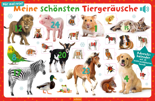Das Buchcover zeigt eine bunte Anordnung von zwölf Tieren, darunter einen Löwen, ein Schwein, einen Hund und einen Zebra. Die Illustrationen sind lebhaft und detailreich. Oberhalb der Bilder steht der Titel „Meine schönsten Tiergeräusche“ in verspielter Schrift. Rechts unten befindet sich ein blauer Button mit dem Text „Adventskalender mit 24 leicht auslösbaren Sounds“. Der Hintergrund ist hell mit roten Punkten, die eine fröhliche Stimmung erzeugen. Ganz unten mittig steht der...