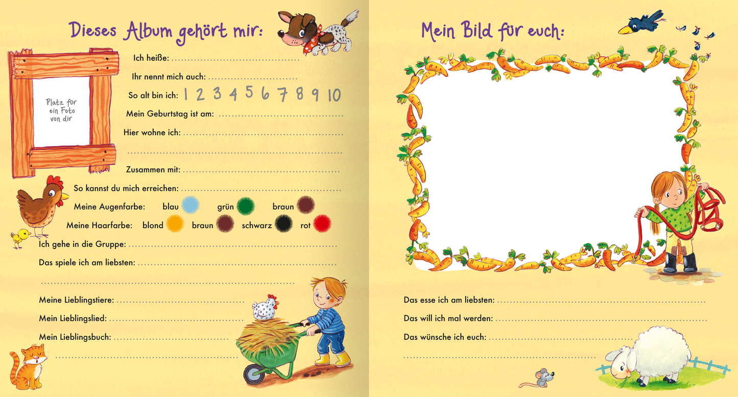 Gezeigt wird eine Innen- oder Zusatzansicht von „Meine Kindergarten-Freunde (Bauernhof)“. Die Seite ist in sanften, pastellfarbenen Tönen gehalten und zeigt ein warmes, freundliches Layout. Links befindet sich ein Rahmen mit der Überschrift „Dieses Album gehört mir:“, umgeben von tierischen Illustrationen wie einem Hund und einer Henne. Rechte Seite zeigt eine weiße Fläche mit der Aufschrift „Mein Bild für euch:“, ergänzt von spielenden Kinderfiguren und einer bunten...
