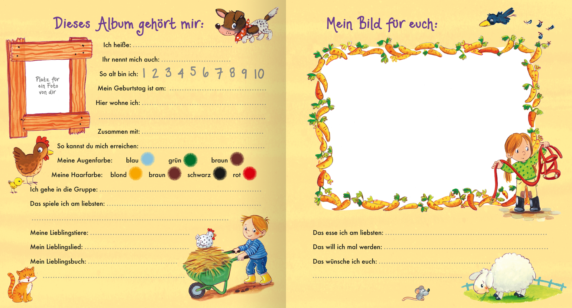 Gezeigt wird eine Innen- oder Zusatzansicht von „Meine Kindergarten-Freunde (Bauernhof)“. Die Seite ist in sanften, pastellfarbenen Tönen gehalten und zeigt ein warmes, freundliches Layout. Links befindet sich ein Rahmen mit der Überschrift „Dieses Album gehört mir:“, umgeben von tierischen Illustrationen wie einem Hund und einer Henne. Rechte Seite zeigt eine weiße Fläche mit der Aufschrift „Mein Bild für euch:“, ergänzt von spielenden Kinderfiguren und einer bunten...